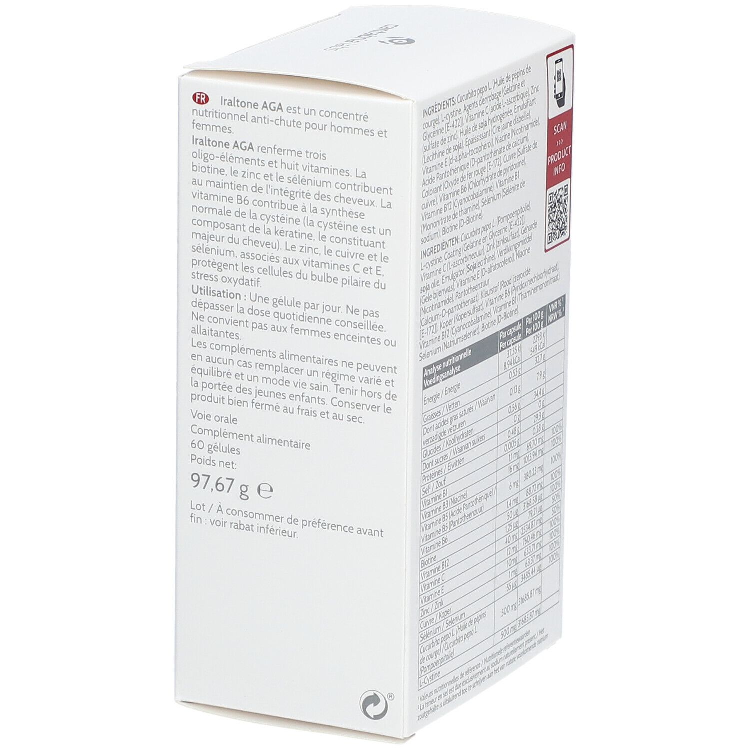 Witte doos met rode bovenkant. Achterkant met tekst in het Frans. Bevat 60 capsules.