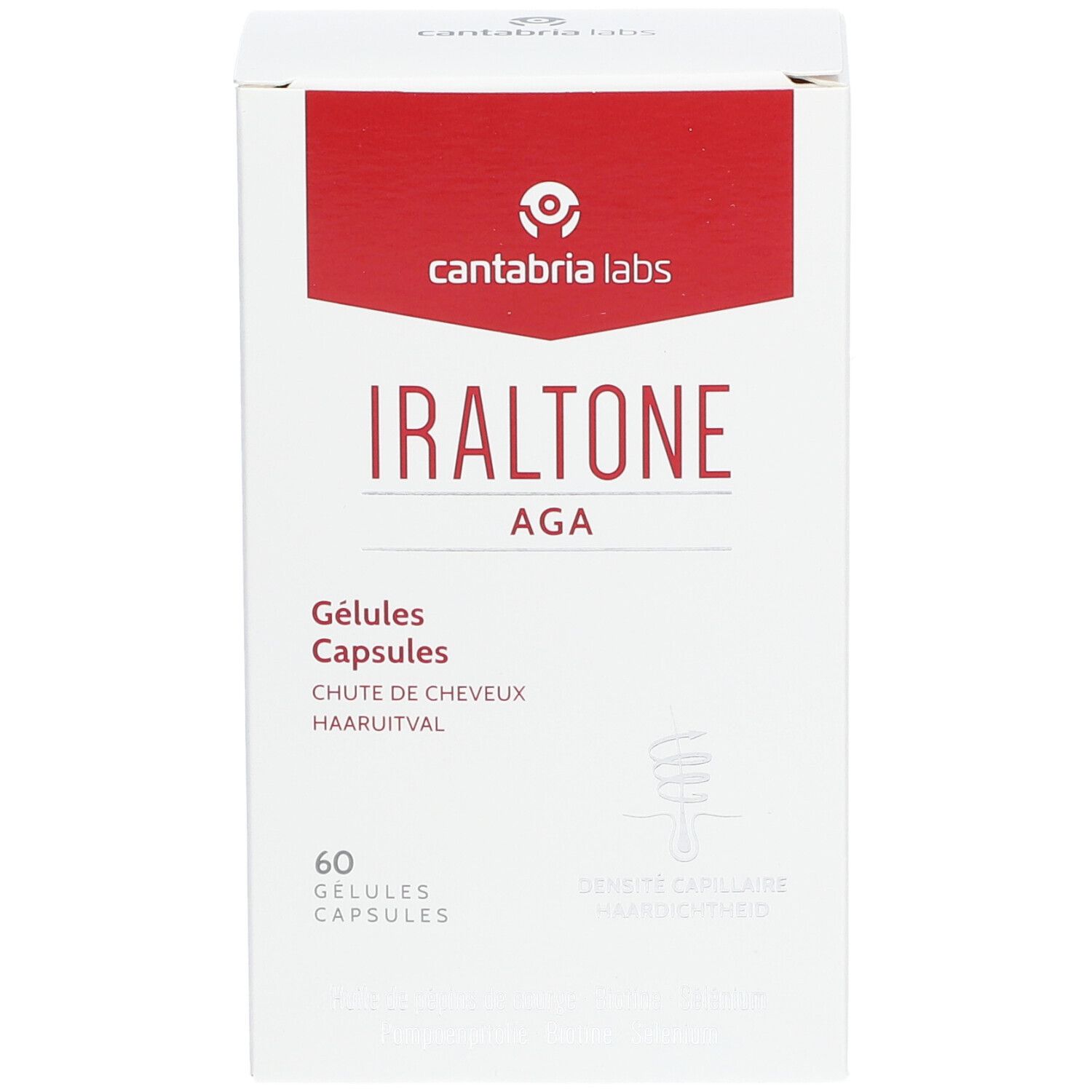Witte doos met rode bovenkant. Opschrift: Iraltone AGA, 60 capsules. Merk: Cantabria Labs.