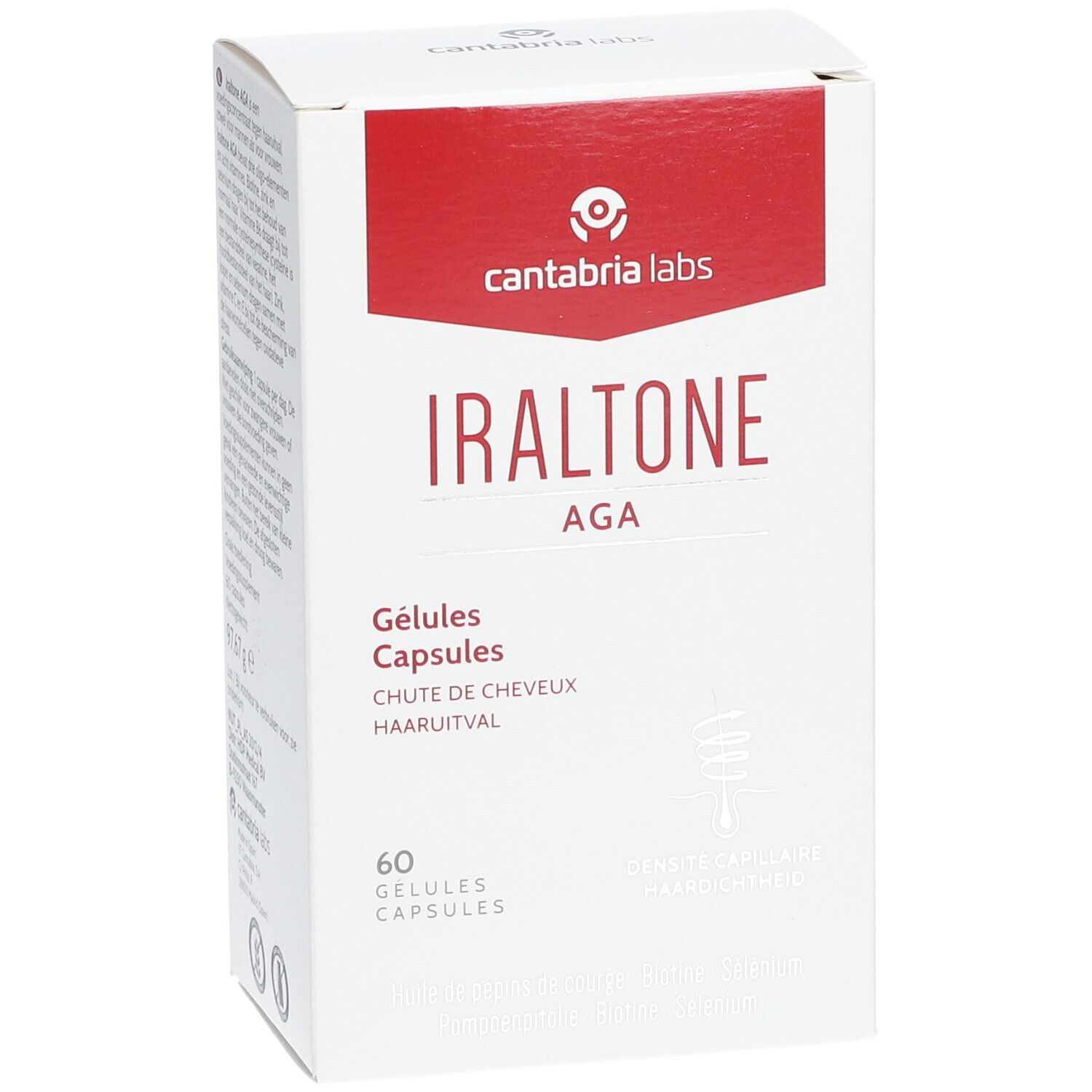 Witte doos met rode bovenkant. Opschrift: Iraltone AGA, 60 capsules. Merk: Cantabria Labs.