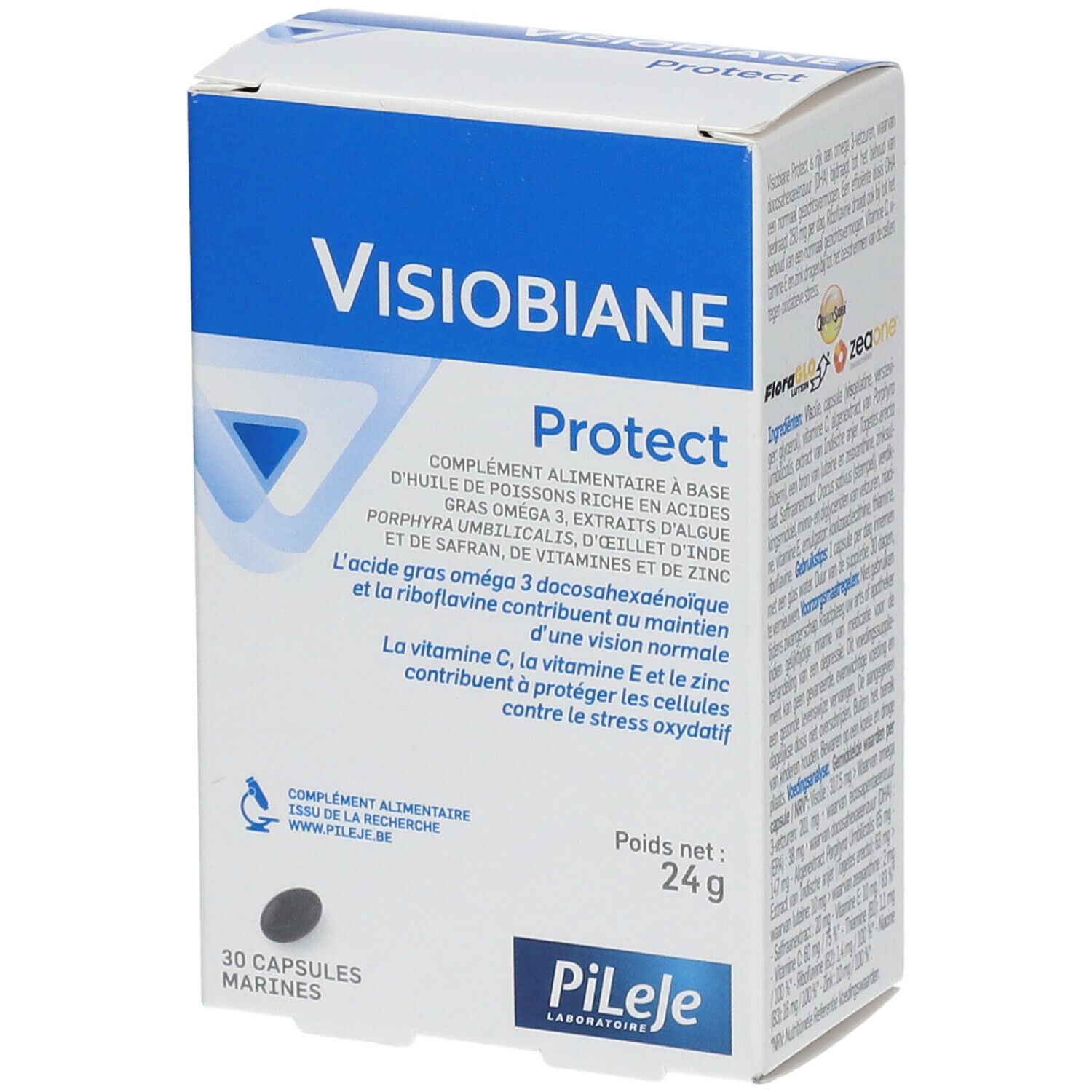 Boîte Visiobiane Protect. Emballage bleu et blanc. 30 capsules. Marque Pileje.