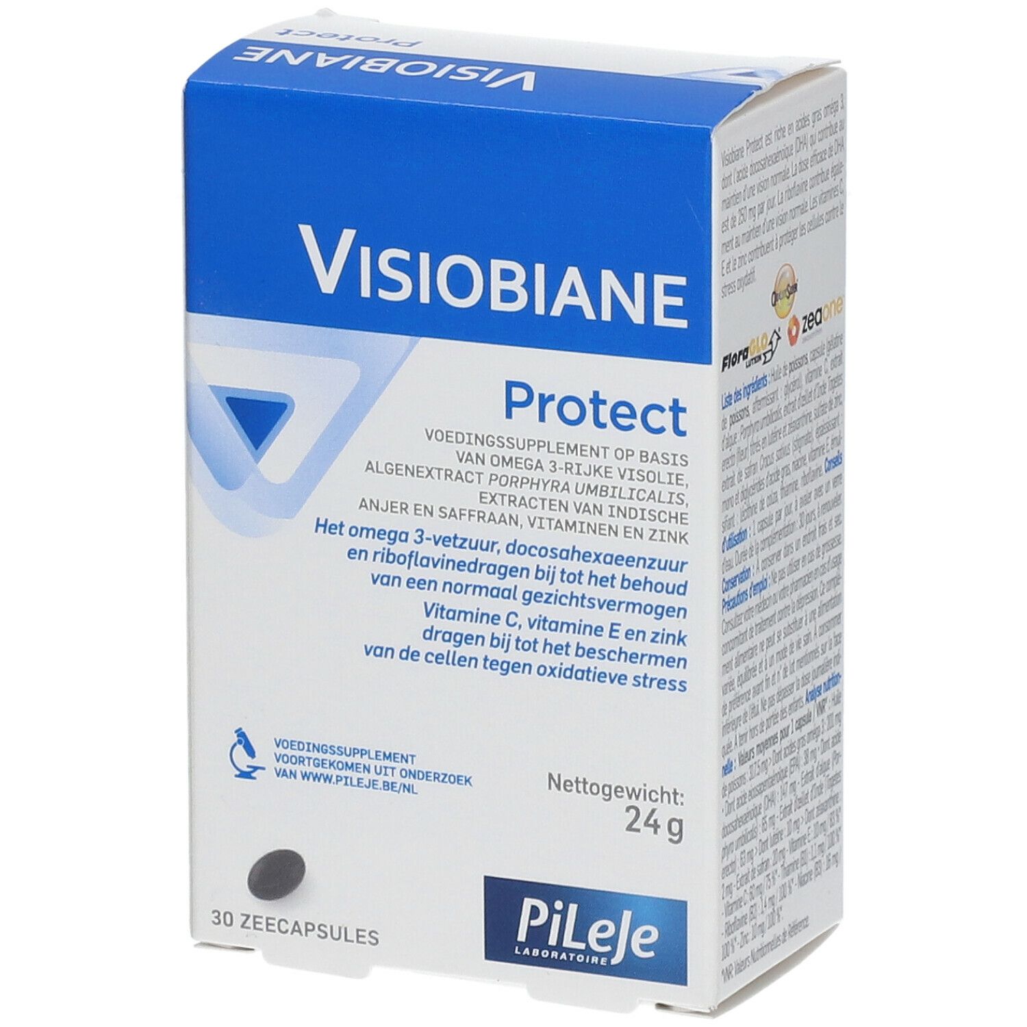 Boîte Visiobiane Protect. Emballage bleu et blanc. 30 capsules. Marque Pileje.