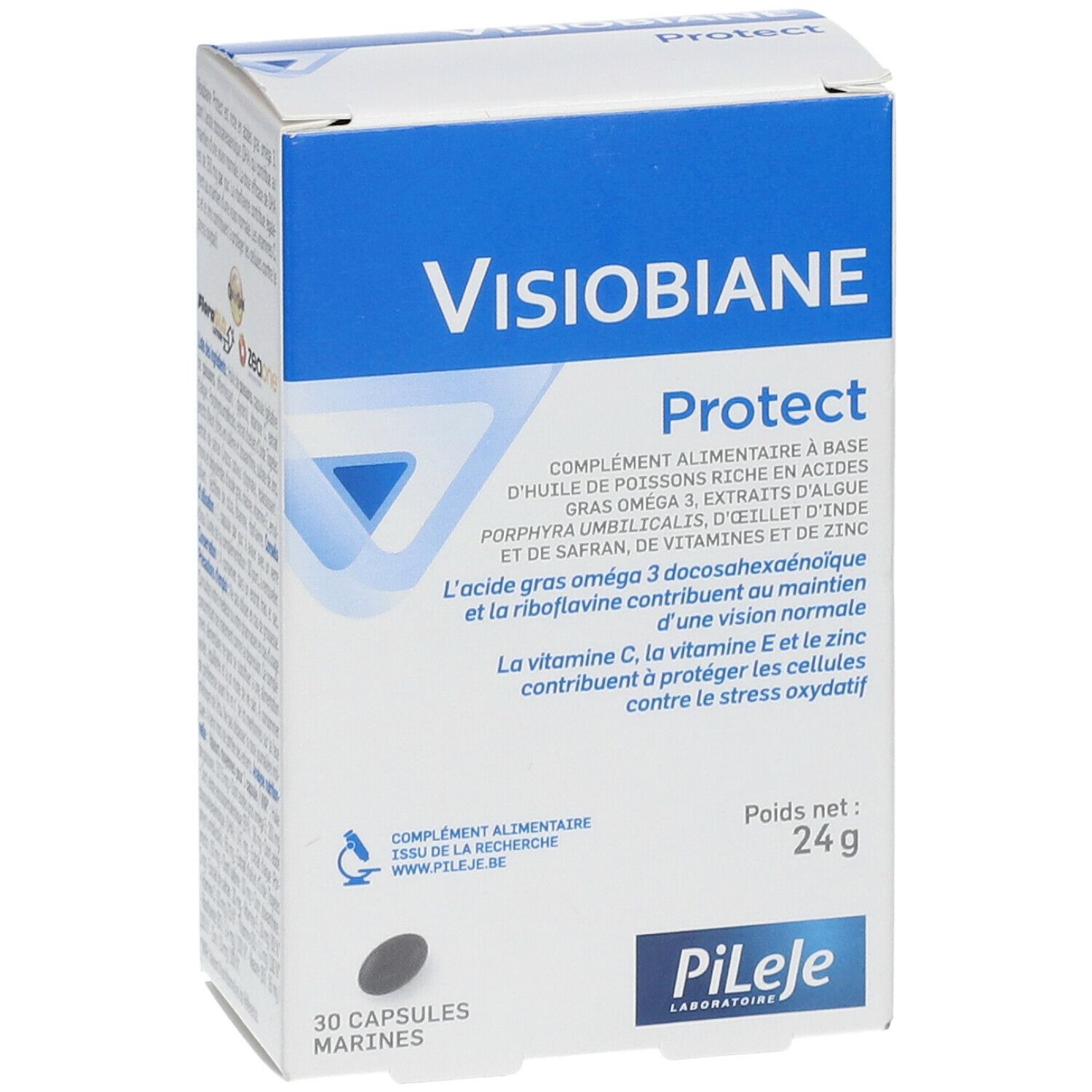 Boîte Visiobiane Protect. Emballage bleu et blanc. 30 capsules. Marque Pileje.