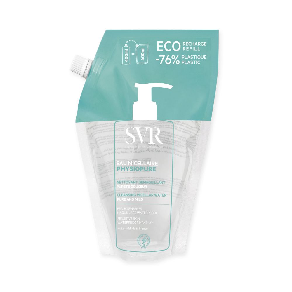 SVR Phisiopure Eau Micellaire Nachfüllpackung mit Pumpspender. Öko-Nachfüllung reduziert Plastik um 76%.