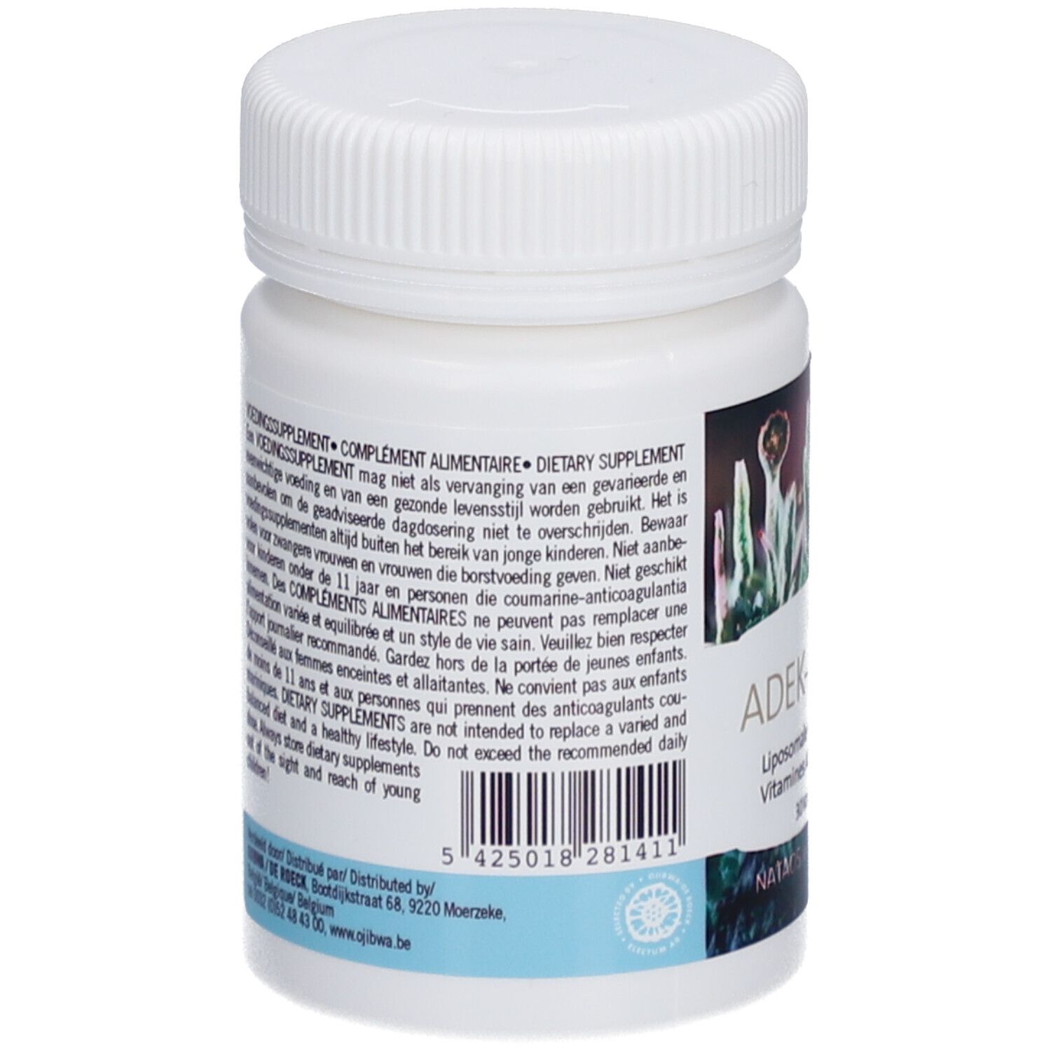 Rückseite einer weißen Flasche. Text: Nahrungsergänzungsmittel. Barcode und weitere Informationen.