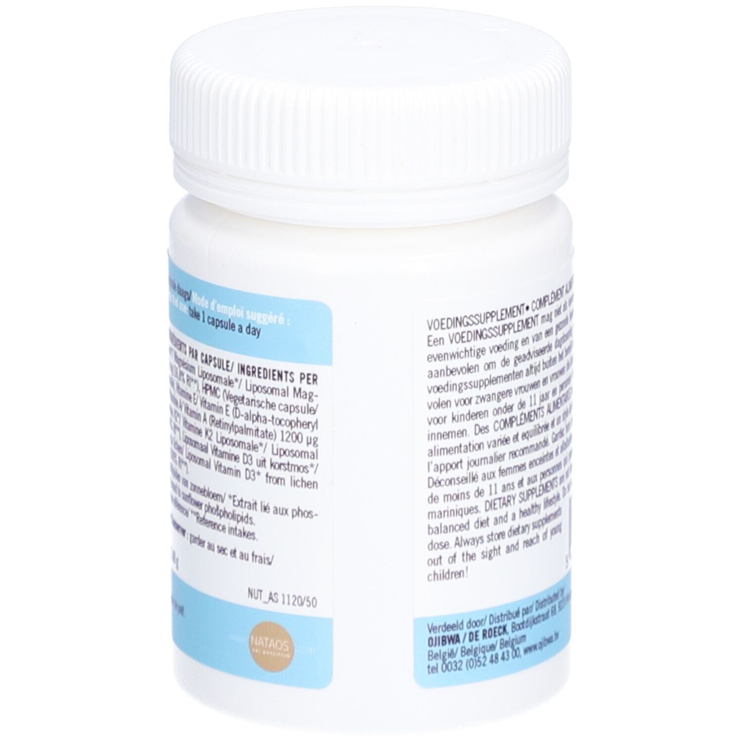 Rückseite einer weißen Flasche. Text: Zutaten pro Kapsel. Informationen zu Vitaminen und Mineralien.