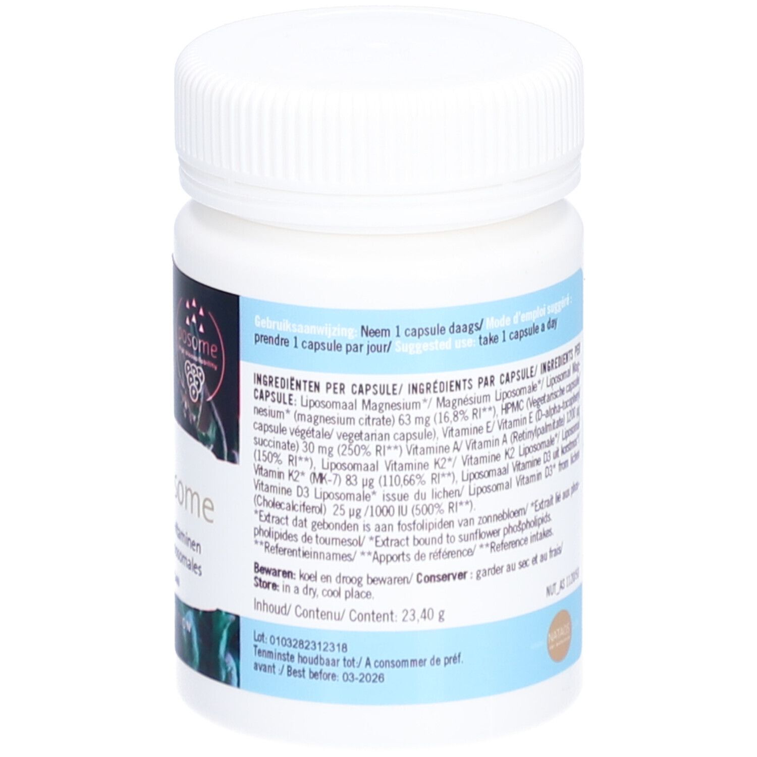 Rückseite einer weißen Flasche. Text: Zutaten pro Kapsel. Informationen zu Vitaminen und Mineralien.