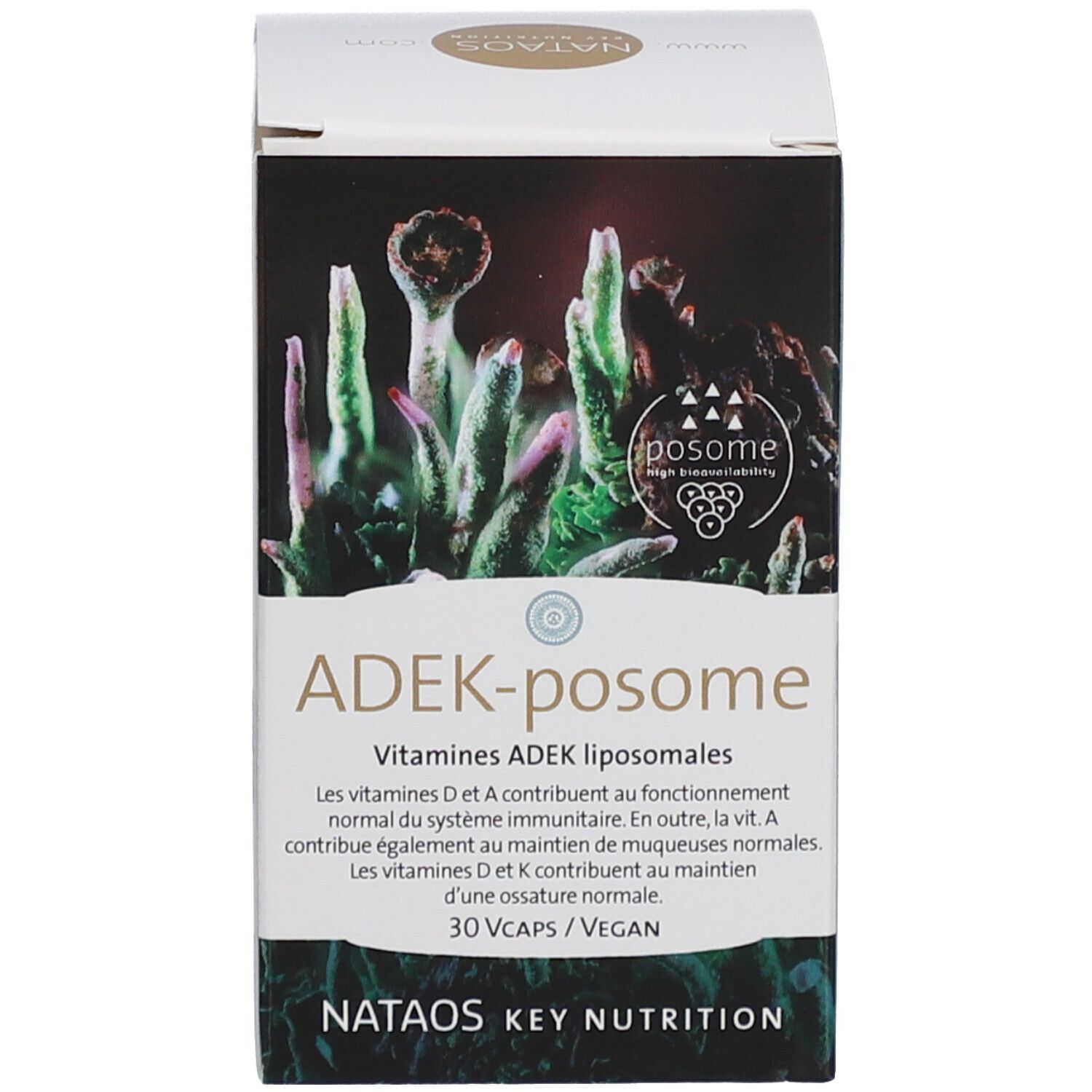 Produktverpackung. Aufschrift: ADEK-posome, 30 VCaps/Vegan. Logo: posome. Text über Vitamine.