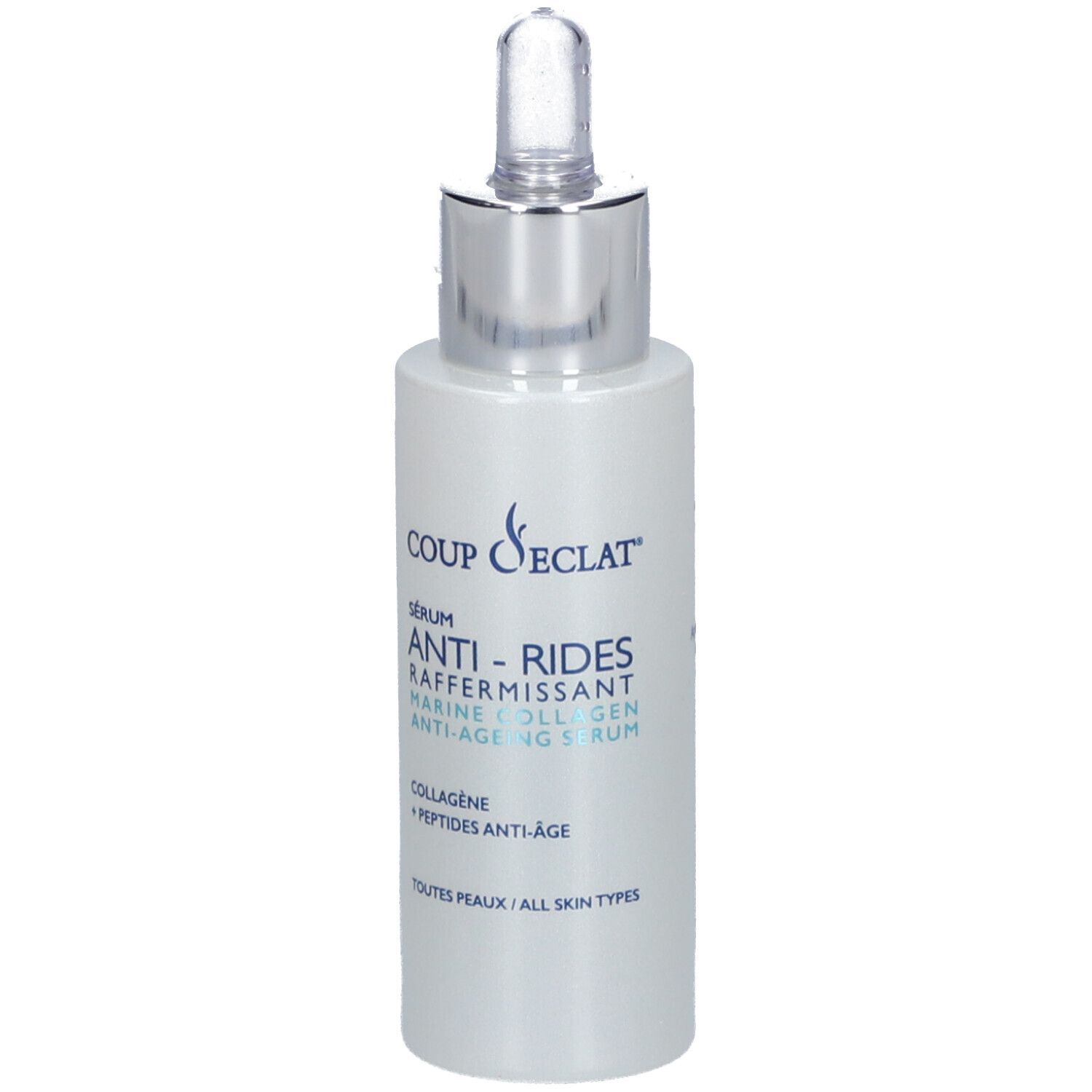 Serumflasche mit silbernem Verschluss und Pipette. Beschriftung: Coup d'Eclat, Anti-Falten-Serum, Marine Collagen.
