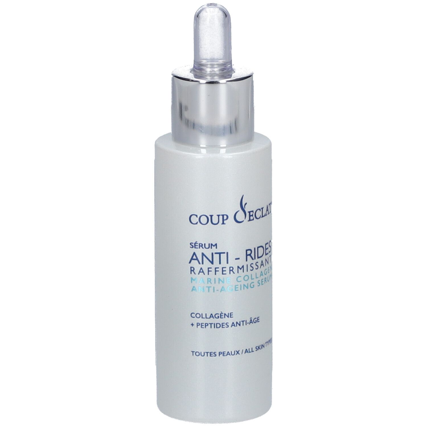 Serumflasche mit silbernem Verschluss und Pipette. Beschriftung: Coup d'Eclat, Anti-Falten-Serum, Marine Collagen.