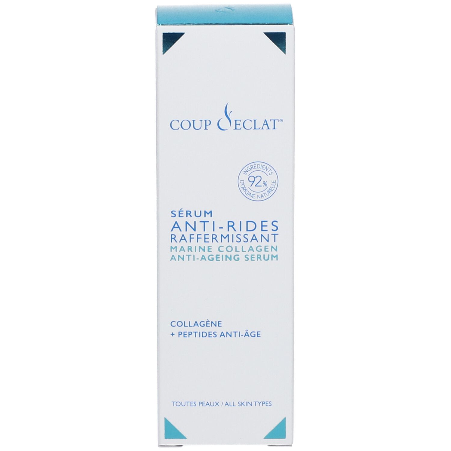 Produktverpackung, weiß mit blauer Spitze. Beschriftung: Coup d'Eclat, Anti-Falten-Serum, Marine Collagen, 92% natürliche Inhaltsstoffe.