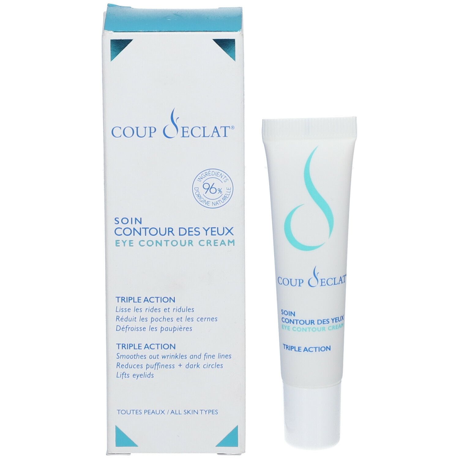 Productverpakking met crèmetube. Witte doos met blauw deksel. Bevat "Eye Contour Cream".