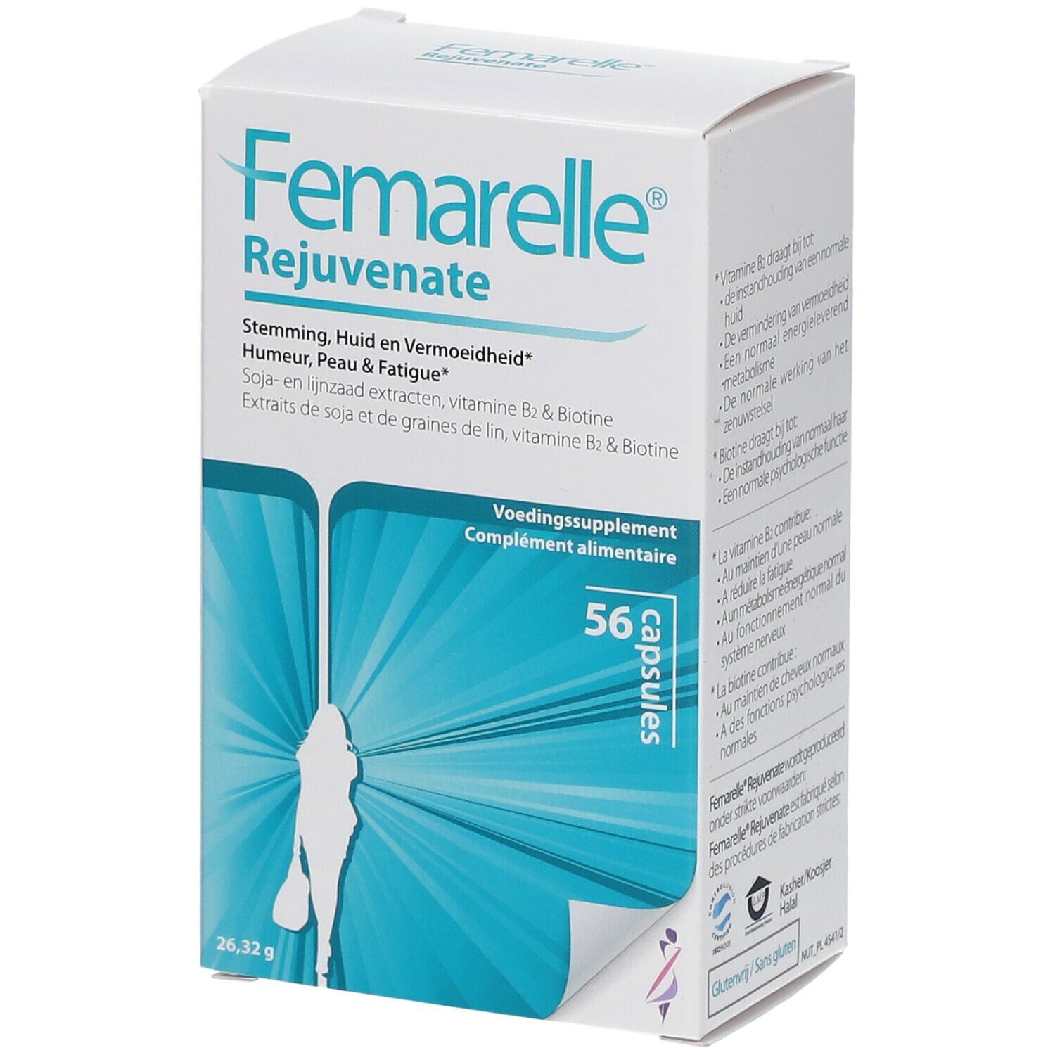 Boîte Femarelle Rejuvenate. Contient 56 capsules. Texte: Stemming, Huid en Vermoeidheid. Extraits de soja et de graines de lin, vitamines B2 & biotine.