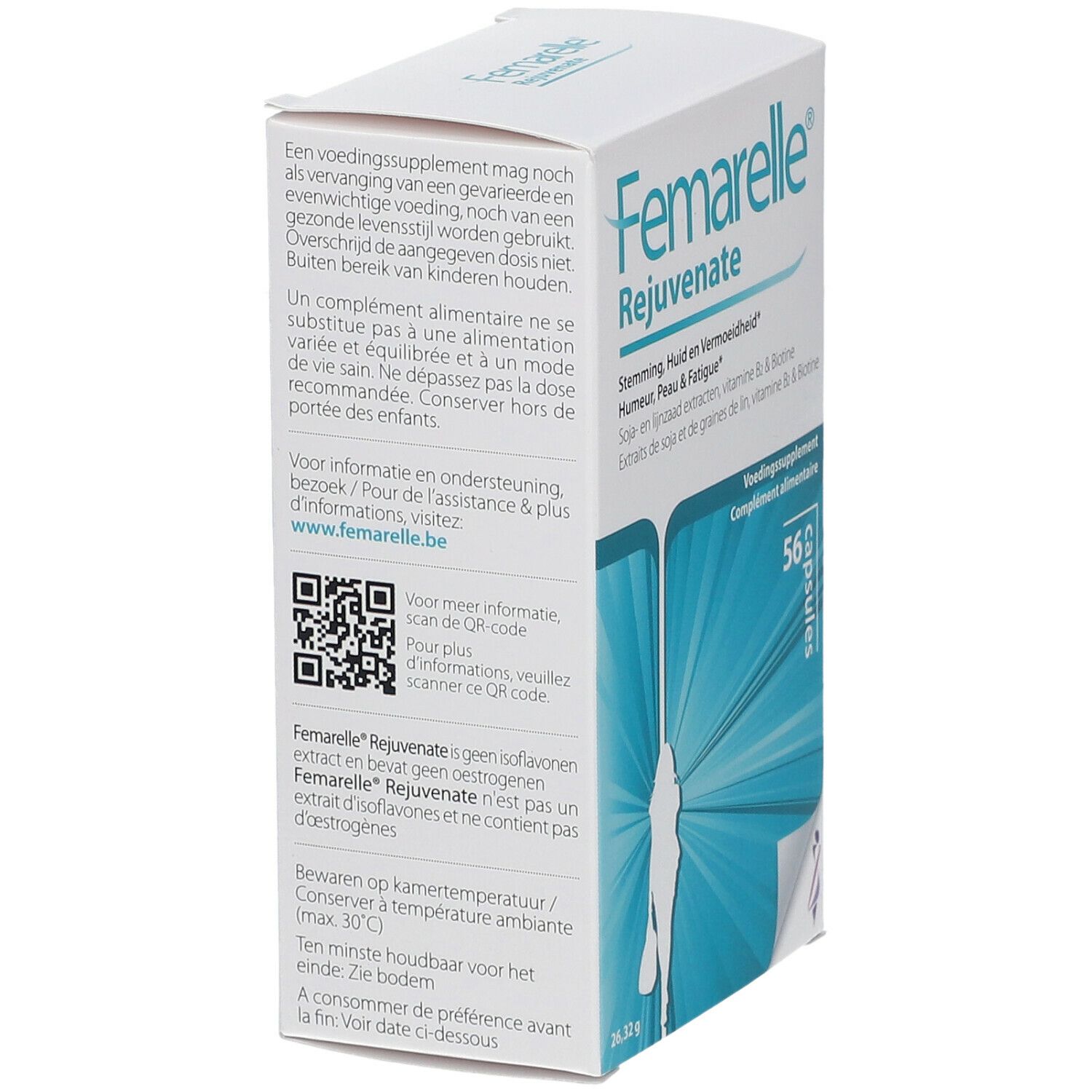 Vue latérale de la boîte Femarelle Rejuvenate. Texte et code QR. Contient 56 capsules. Informations sur l'utilisation et les ingrédients.