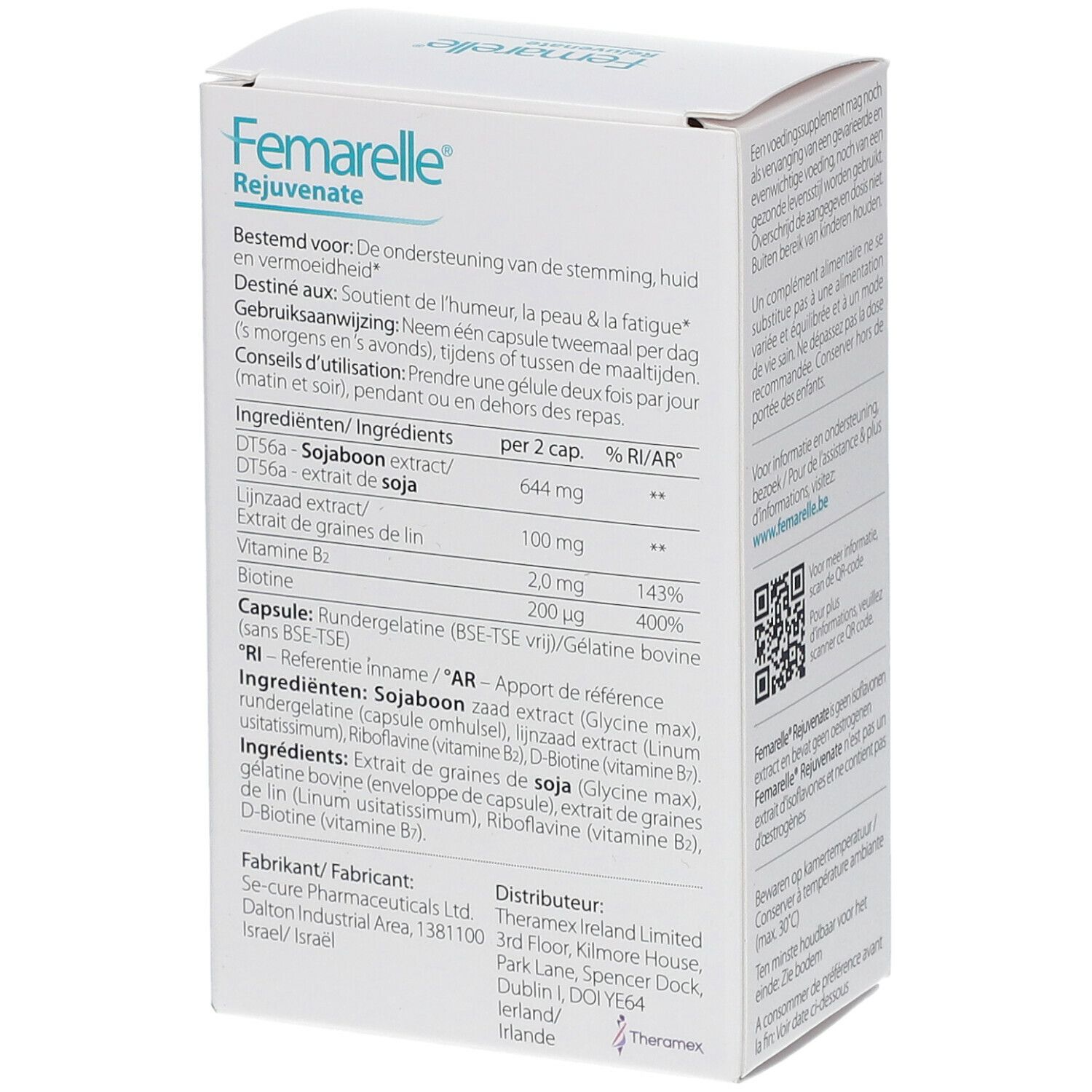 Dos de la boîte Femarelle Rejuvenate. Contient des informations sur les ingrédients, le dosage et le fabricant.