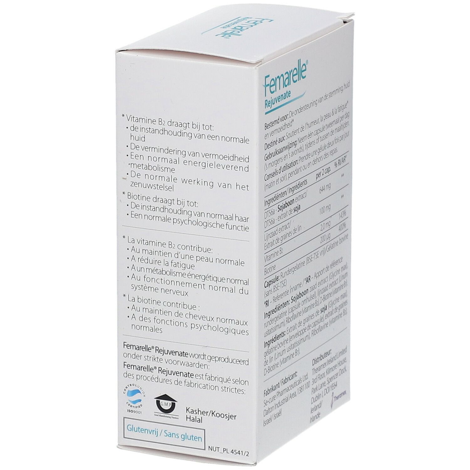 Détail de la boîte Femarelle Rejuvenate. Texte sur les ingrédients et les certifications. Sans gluten.