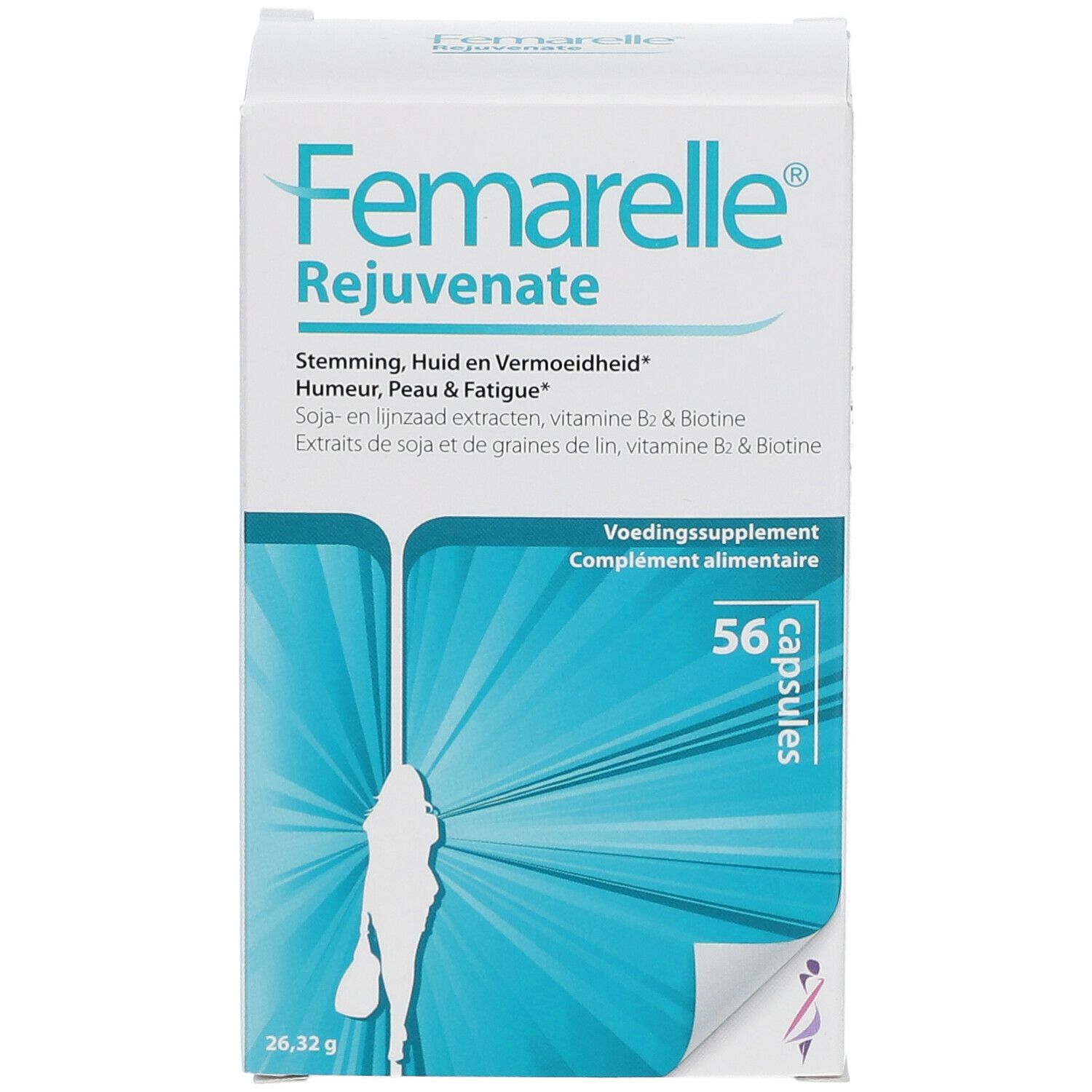 Boîte Femarelle Rejuvenate. Contient 56 capsules. Texte: Stemming, Huid en Vermoeidheid. Extraits de soja et de graines de lin, vitamines B2 & biotine.