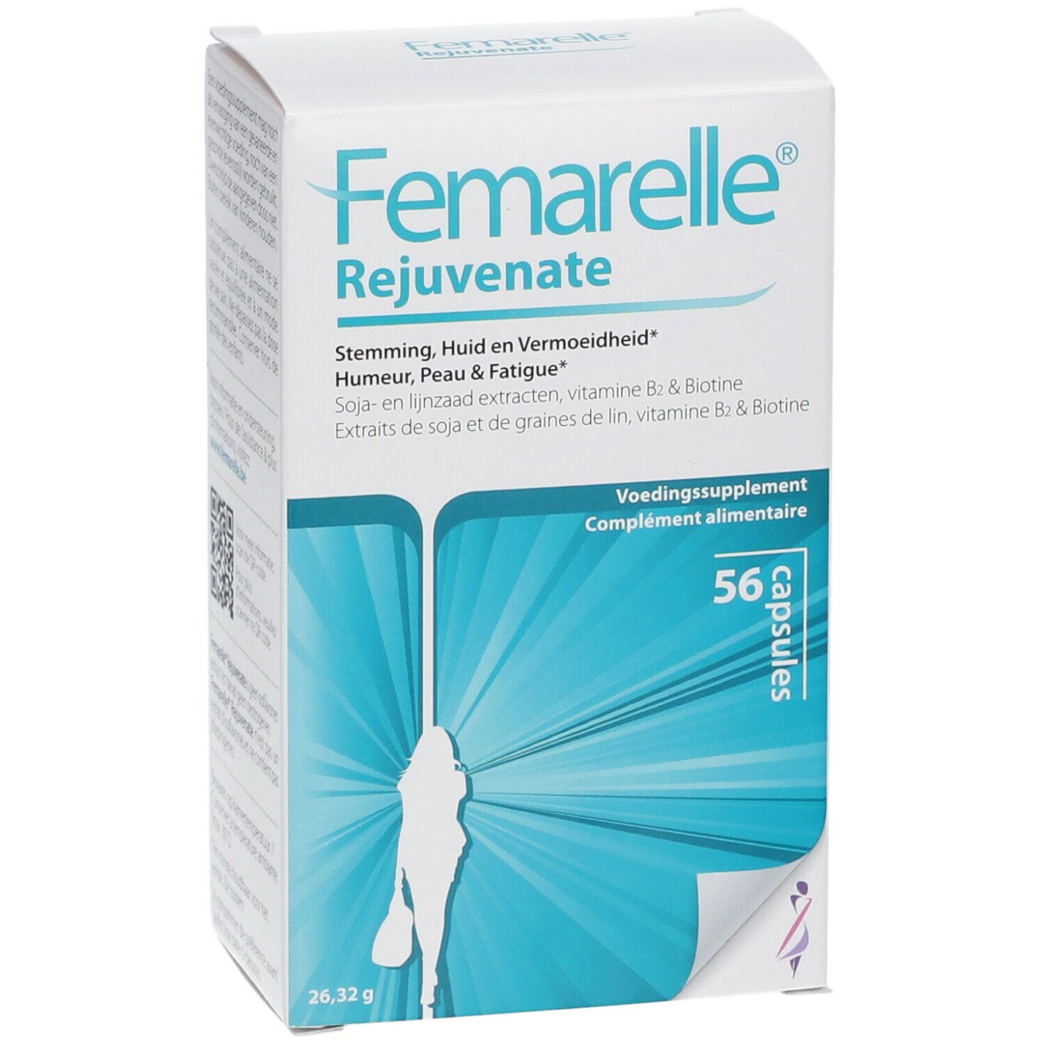 Boîte Femarelle Rejuvenate. Contient 56 capsules. Texte: Stemming, Huid en Vermoeidheid. Extraits de soja et de graines de lin, vitamines B2 & biotine.
