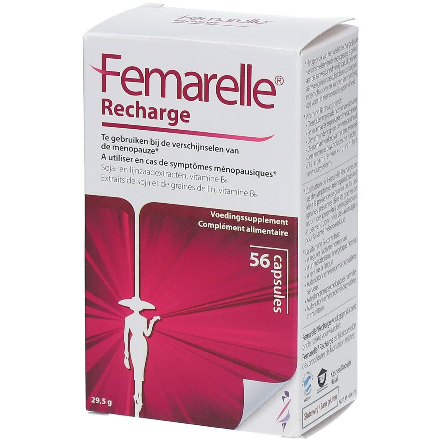 Weißer Karton mit Femarelle Recharge. Roter Hintergrund mit Frauenfigur. 56 Kapseln. Text in Niederländisch und Französisch.