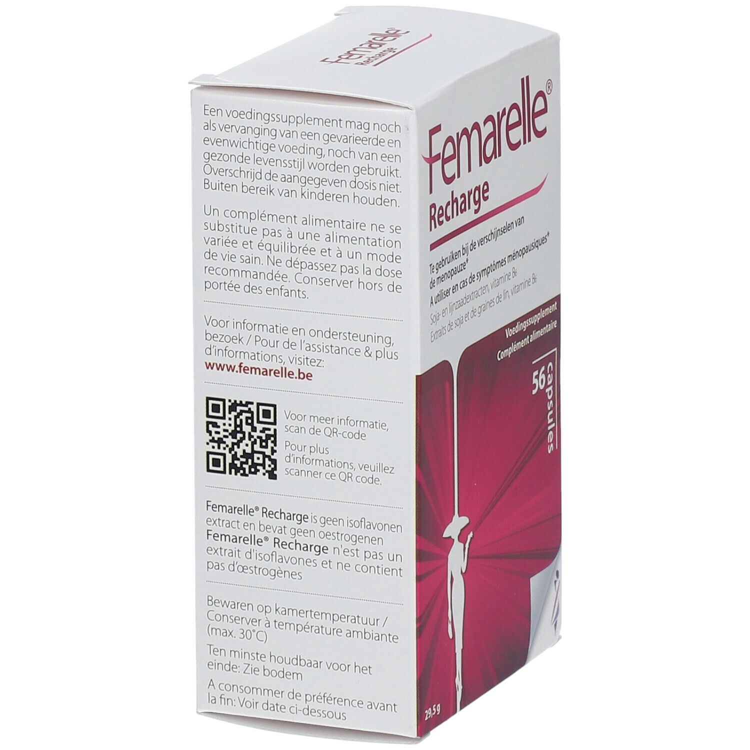 Femarelle Recharge-Verpackung. Weißer Karton mit rotem Hintergrund. QR-Code und Text in Niederländisch und Französisch.