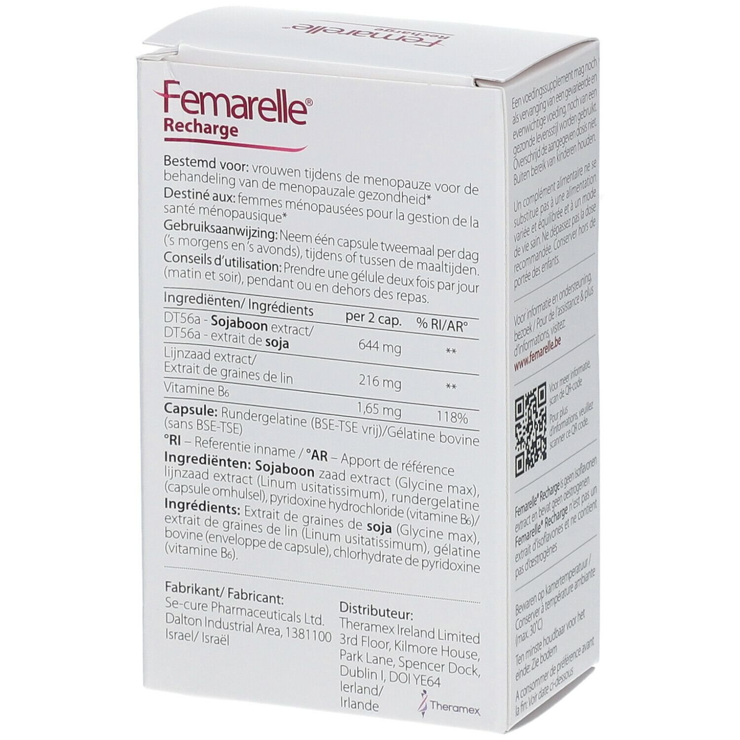 Rückseite der Femarelle Recharge-Verpackung. Text in Niederländisch. Zutatenliste und Nährwertangaben.