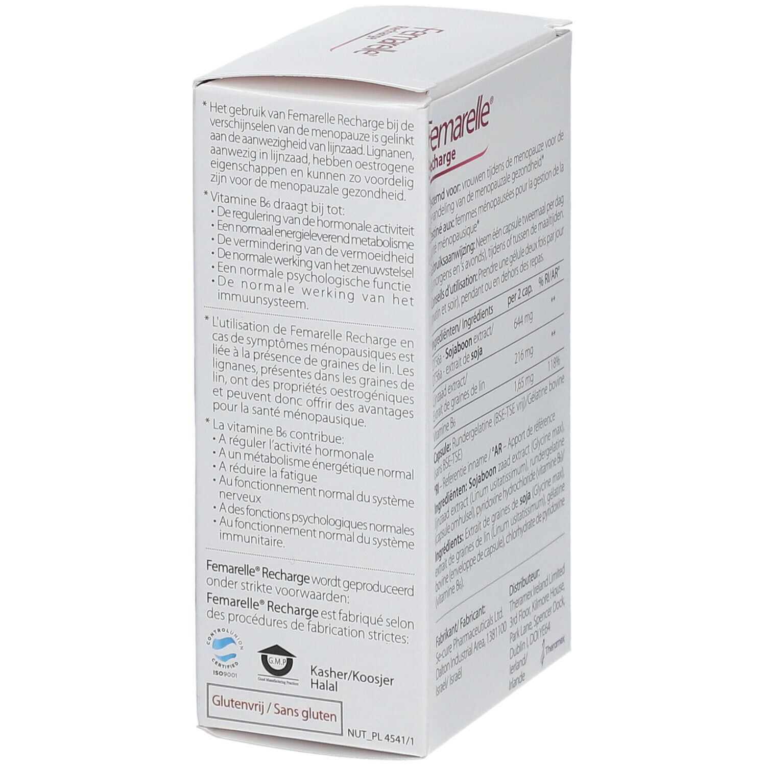 Seite der Femarelle Recharge-Verpackung. Text in Niederländisch. Informationen zur Anwendung und Inhaltsstoffe.