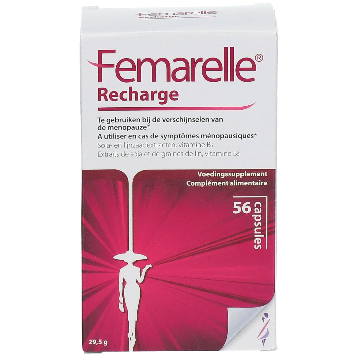Femarelle Recharge-Verpackung. Weißer Karton mit rotem Hintergrund. 56 Kapseln. Text in Niederländisch und Französisch.