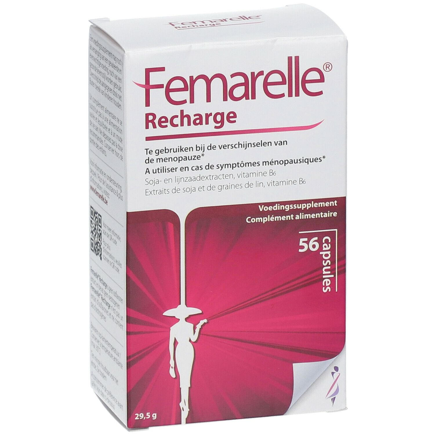 Femarelle Recharge-Verpackung. Weißer Karton mit rotem Hintergrund. 56 Kapseln. Text in Niederländisch und Französisch.