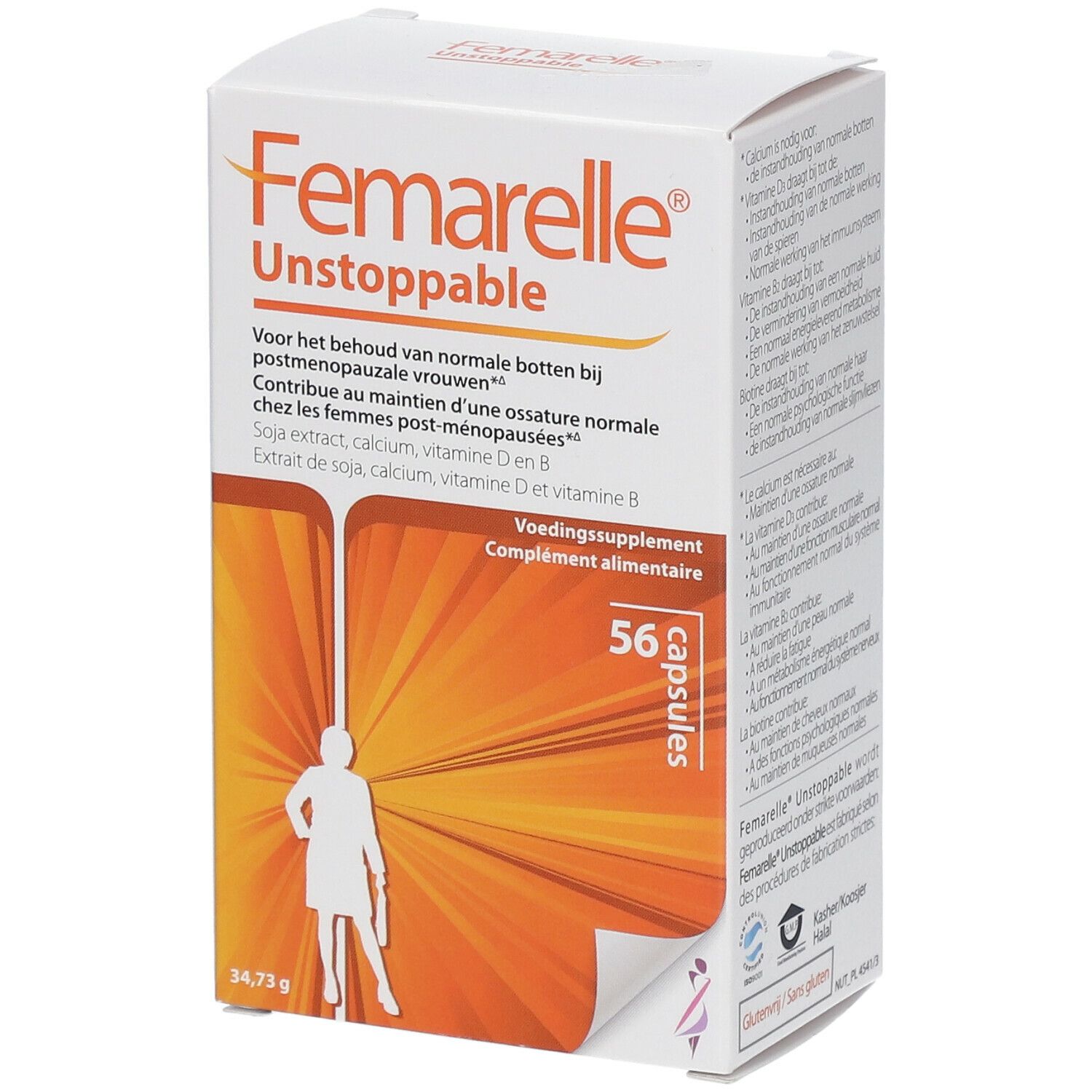 Verpakking Femarelle Unstoppable. Bevat 56 capsules. Opschrift: Voedingssupplement. Bevat soja-extract, calcium, vitamine D en B.