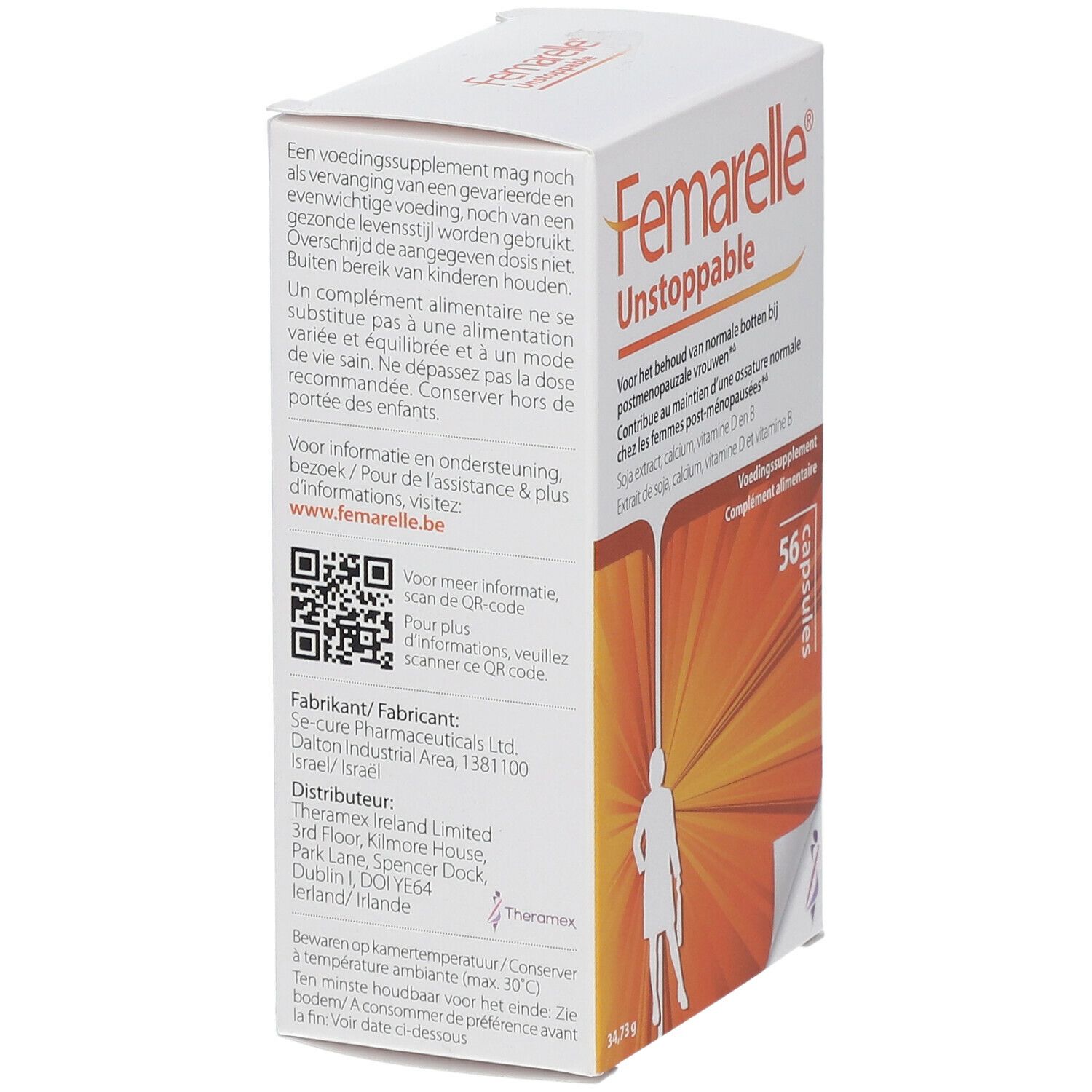 Zijkant verpakking Femarelle Unstoppable. Bevat 56 capsules. QR-code en fabrikantinfo. Bevat soja-extract, calcium, vitamine D en B.