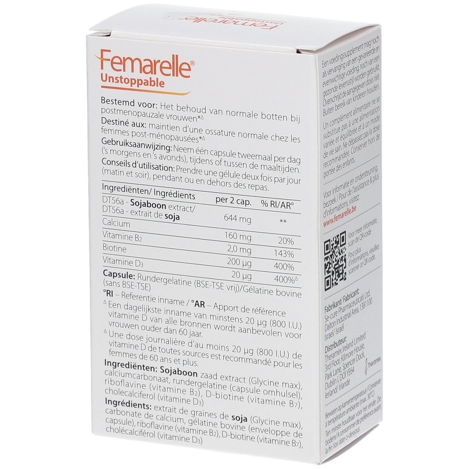 Achterkant verpakking Femarelle Unstoppable. Bevat ingrediënten en dosering. Bevat soja-extract, calcium, vitamine D en B. Ronde capsule.