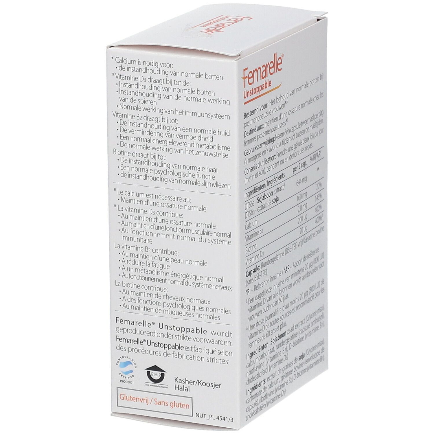 Detail verpakking Femarelle Unstoppable. Bevat ingrediënten en certificeringen. Bevat soja-extract, calcium, vitamine D en B. Glutenvrij.