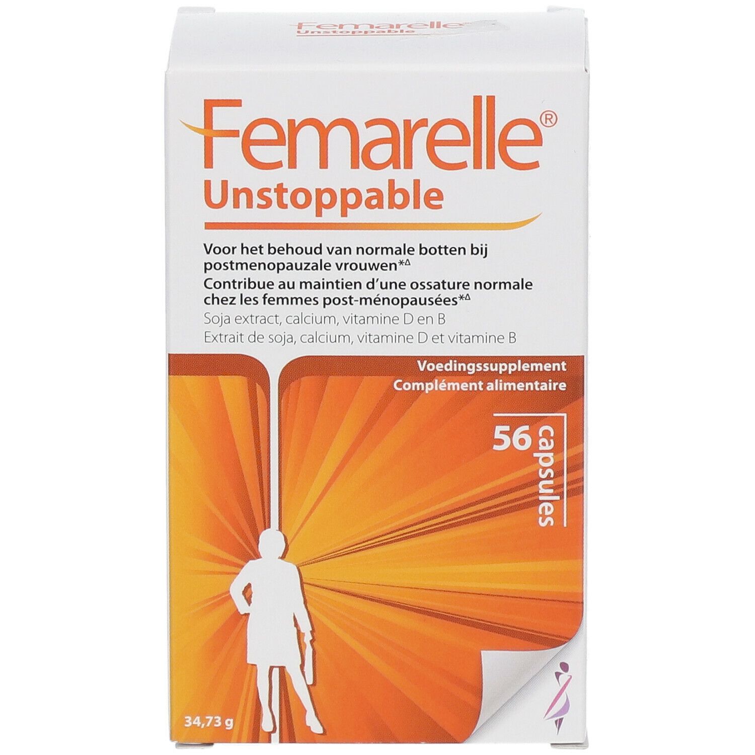 Verpakking Femarelle Unstoppable. Bevat 56 capsules. Opschrift: Voedingssupplement. Bevat soja-extract, calcium, vitamine D en B.