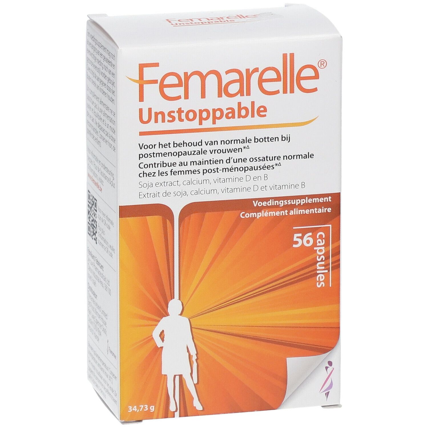 Verpakking Femarelle Unstoppable. Bevat 56 capsules. Opschrift: Voedingssupplement. Bevat soja-extract, calcium, vitamine D en B.