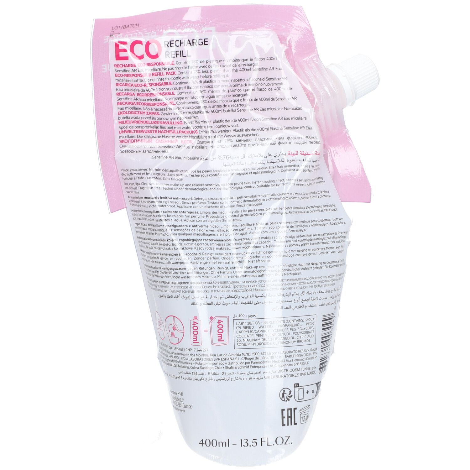 Rückseite der Nachfüllpackung mit Text und Logos. Enthält Informationen in verschiedenen Sprachen. Aufdruck: Eco Recharge, 400ml.