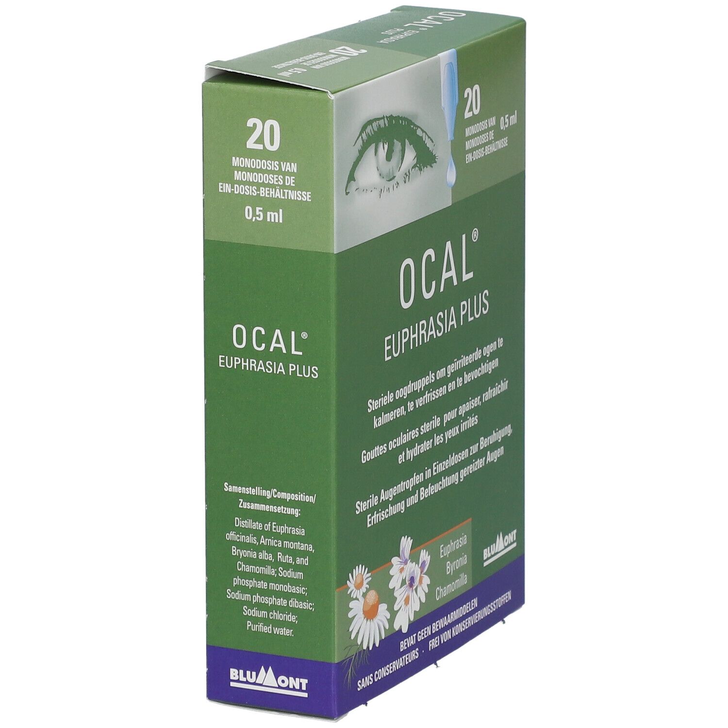Groene doos OCAL Euphrasia Plus. Zijkant met tekst en ingrediënten. 20 unidoses.