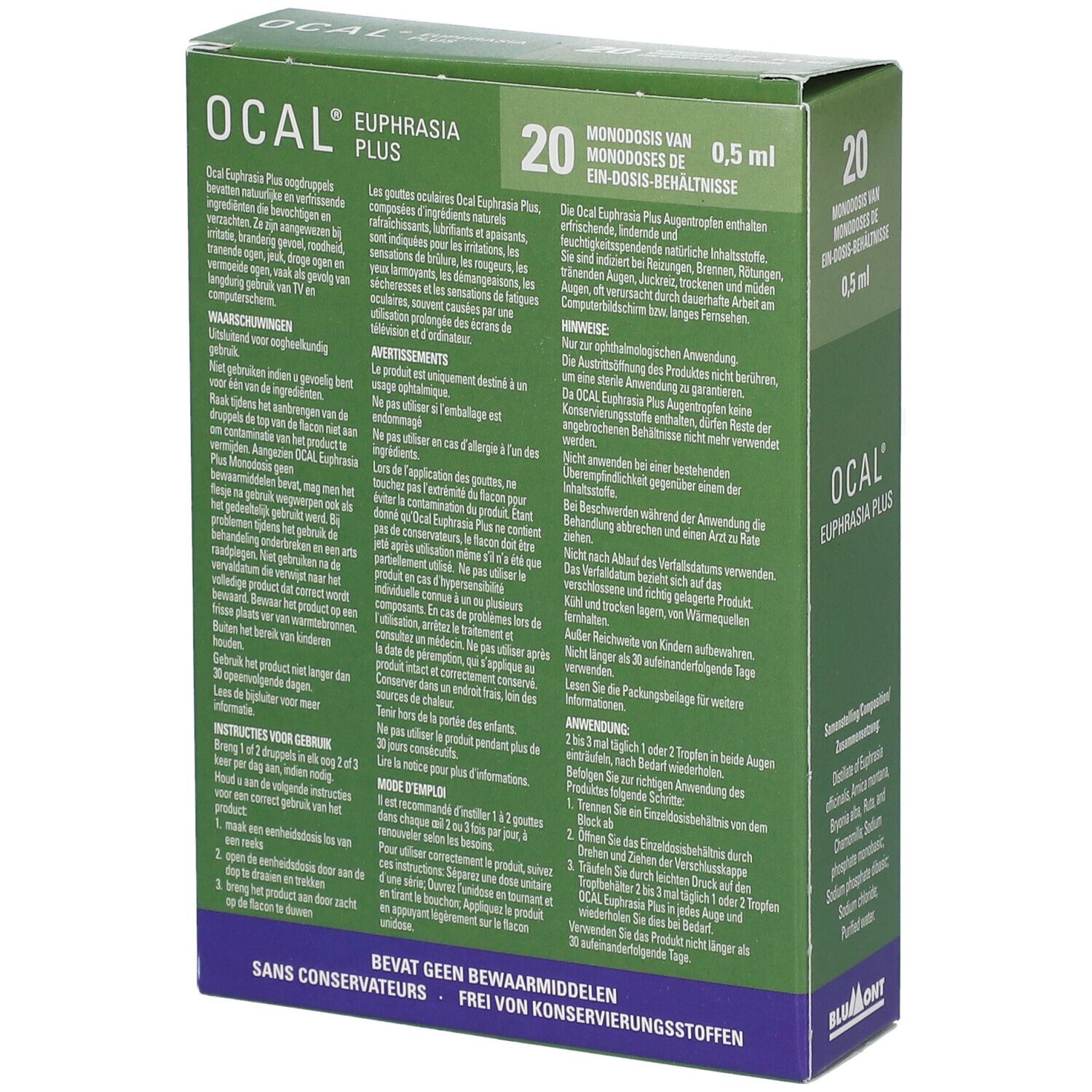 Achterkant groene doos OCAL Euphrasia Plus. Meertalige tekst. 20 unidoses.