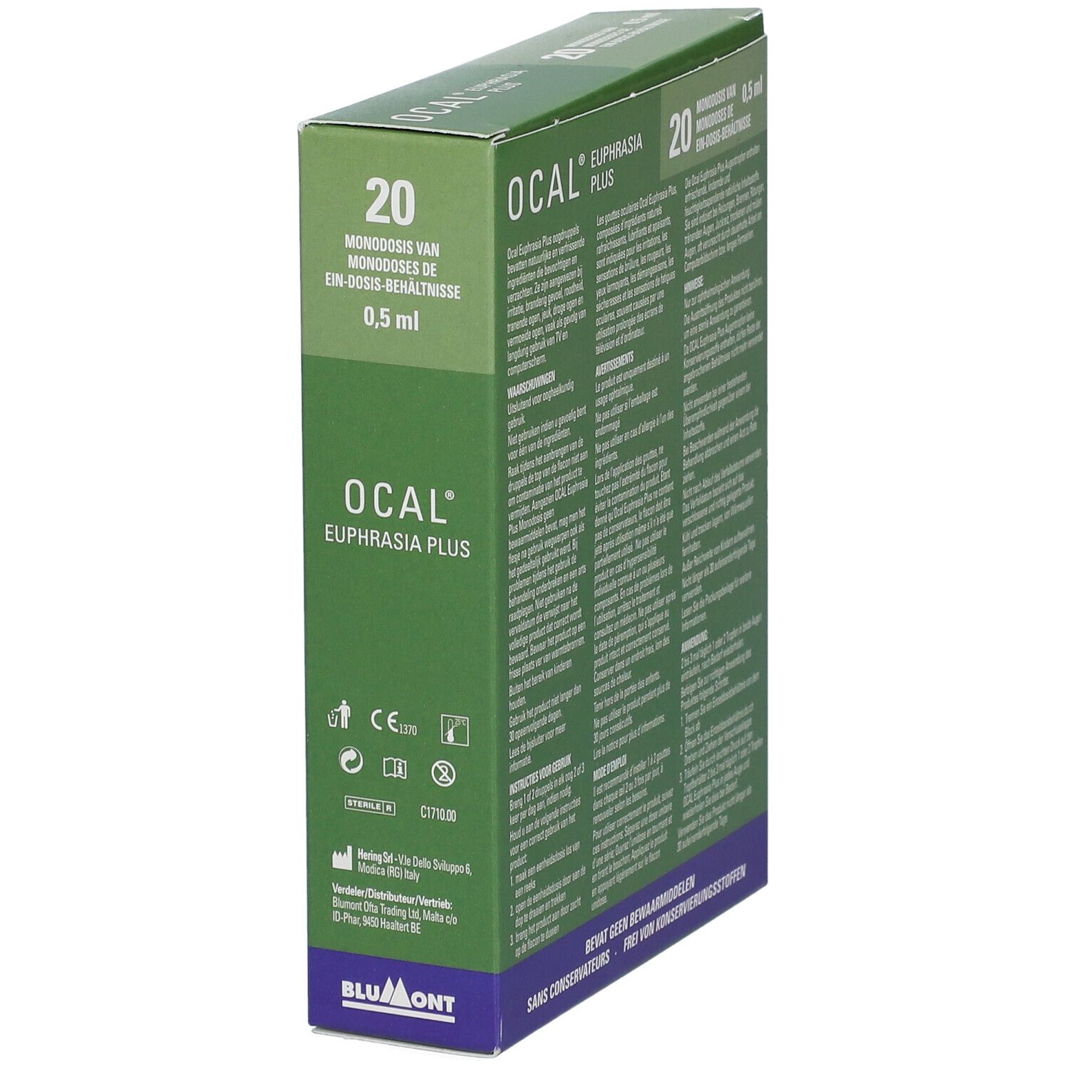 Groene doos OCAL Euphrasia Plus. Zijkant met tekst. 20 unidoses.