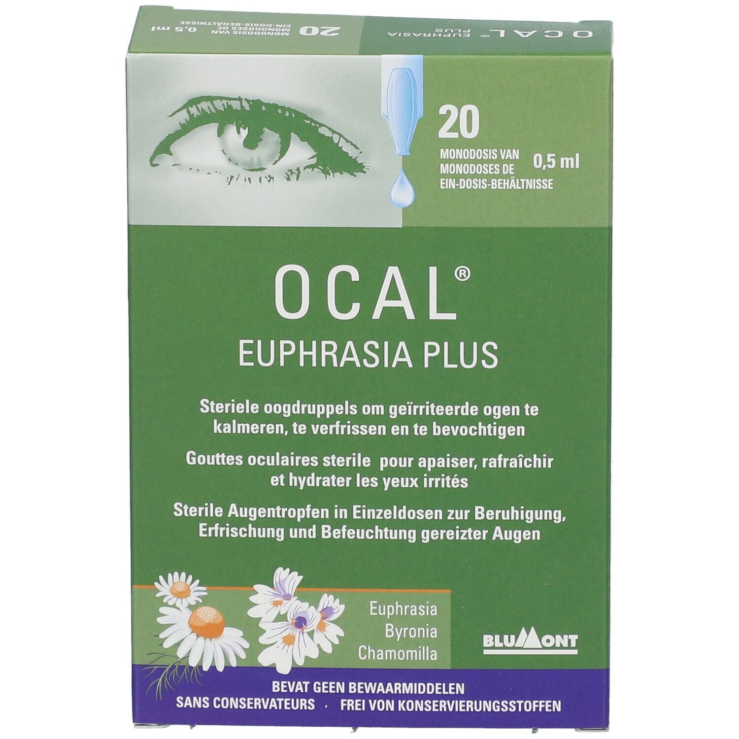Groene doos OCAL Euphrasia Plus. Illustratie van oog en druppels. 20 unidoses.