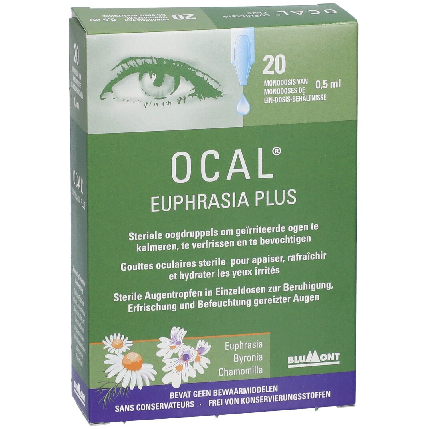Groene doos OCAL Euphrasia Plus. Illustratie van oog en druppels. 20 unidoses.