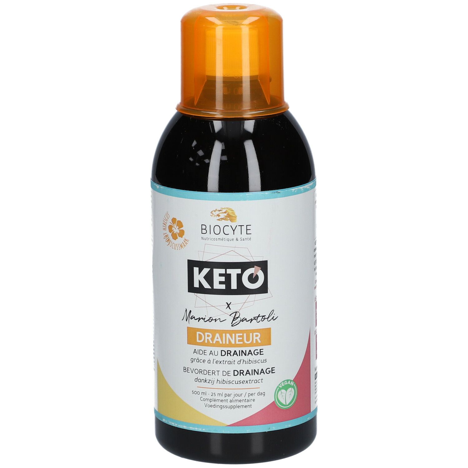 BIOCYTE Keto Draineur. Fles met oranje dop. Etiket met productnaam en logo.