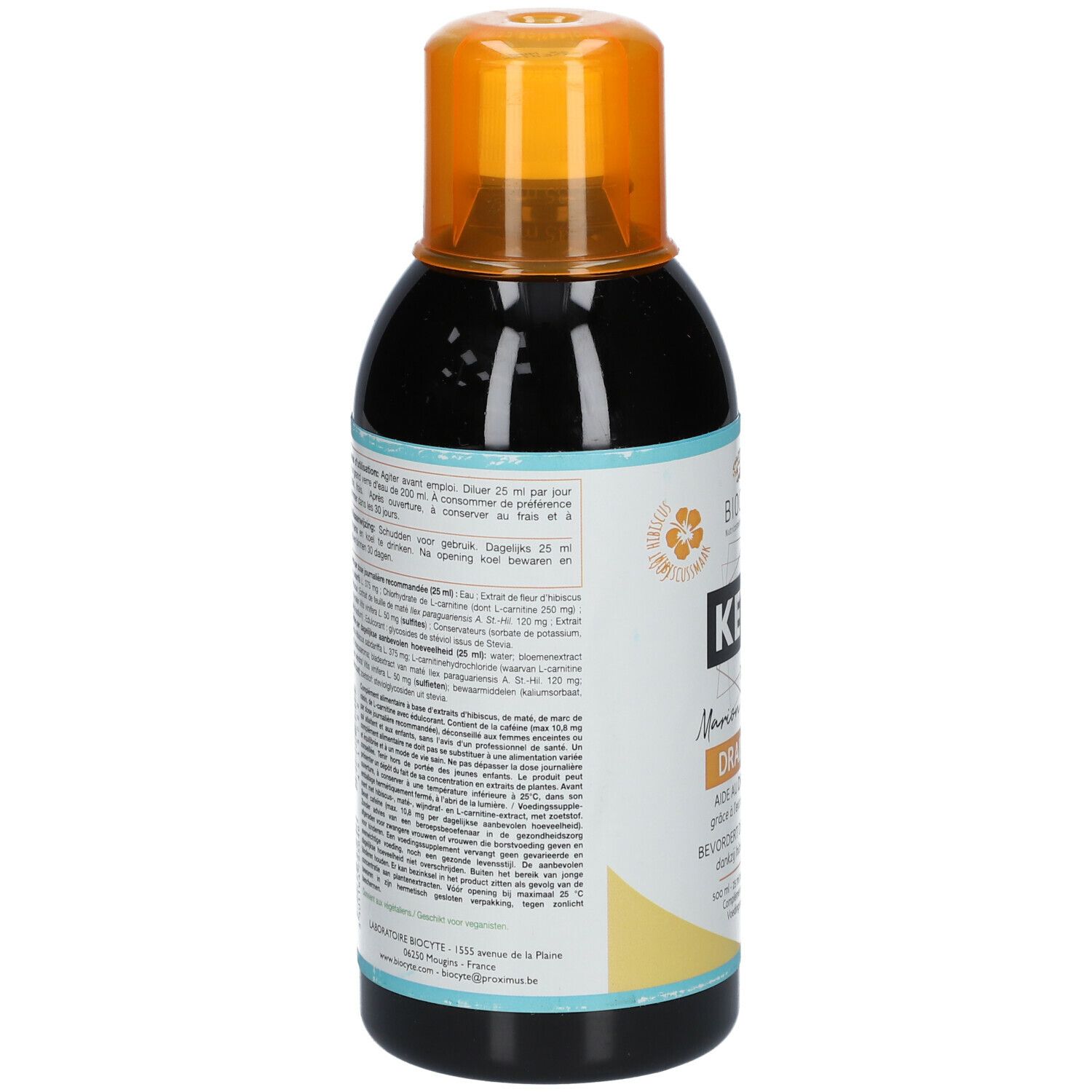 BIOCYTE Keto Draineur. Fles met oranje dop. Achterkant met tekst en informatie.
