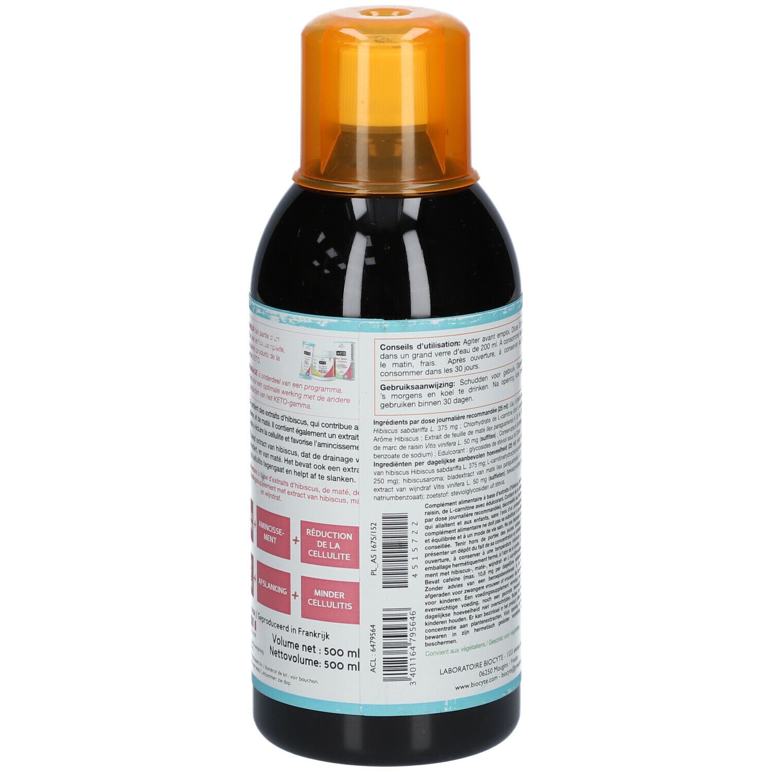 BIOCYTE Keto Draineur. Fles met oranje dop. Achterkant met tekst en diagrammen.