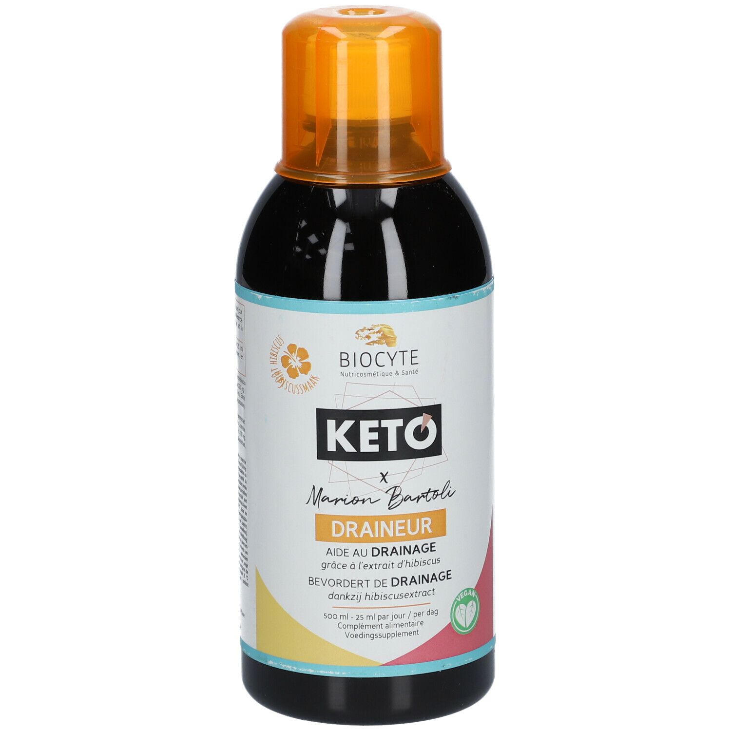 BIOCYTE Keto Draineur. Fles met oranje dop. Etiket met productnaam en logo.
