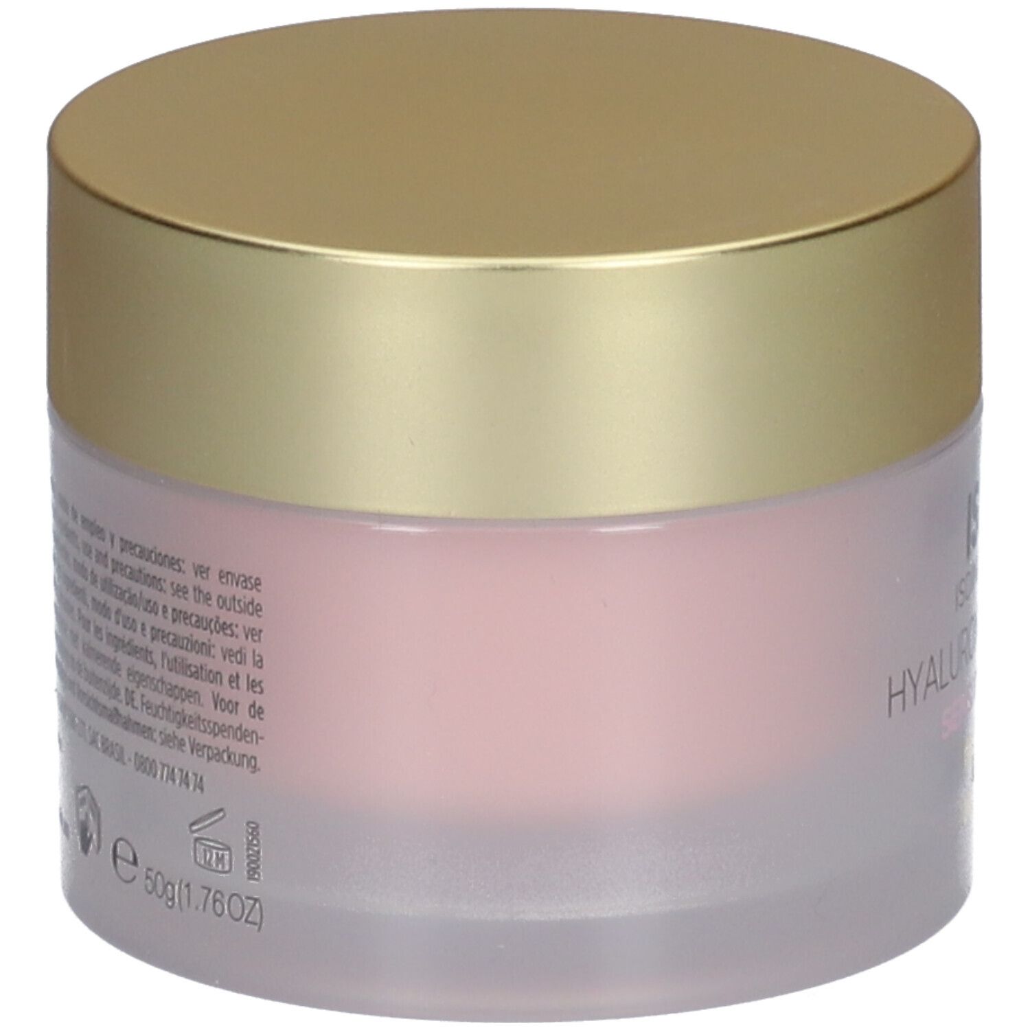 Crèmepot met gouden deksel. Opschrift: ISDIN, Hyaluronic Moisture, Sensitive Skin.