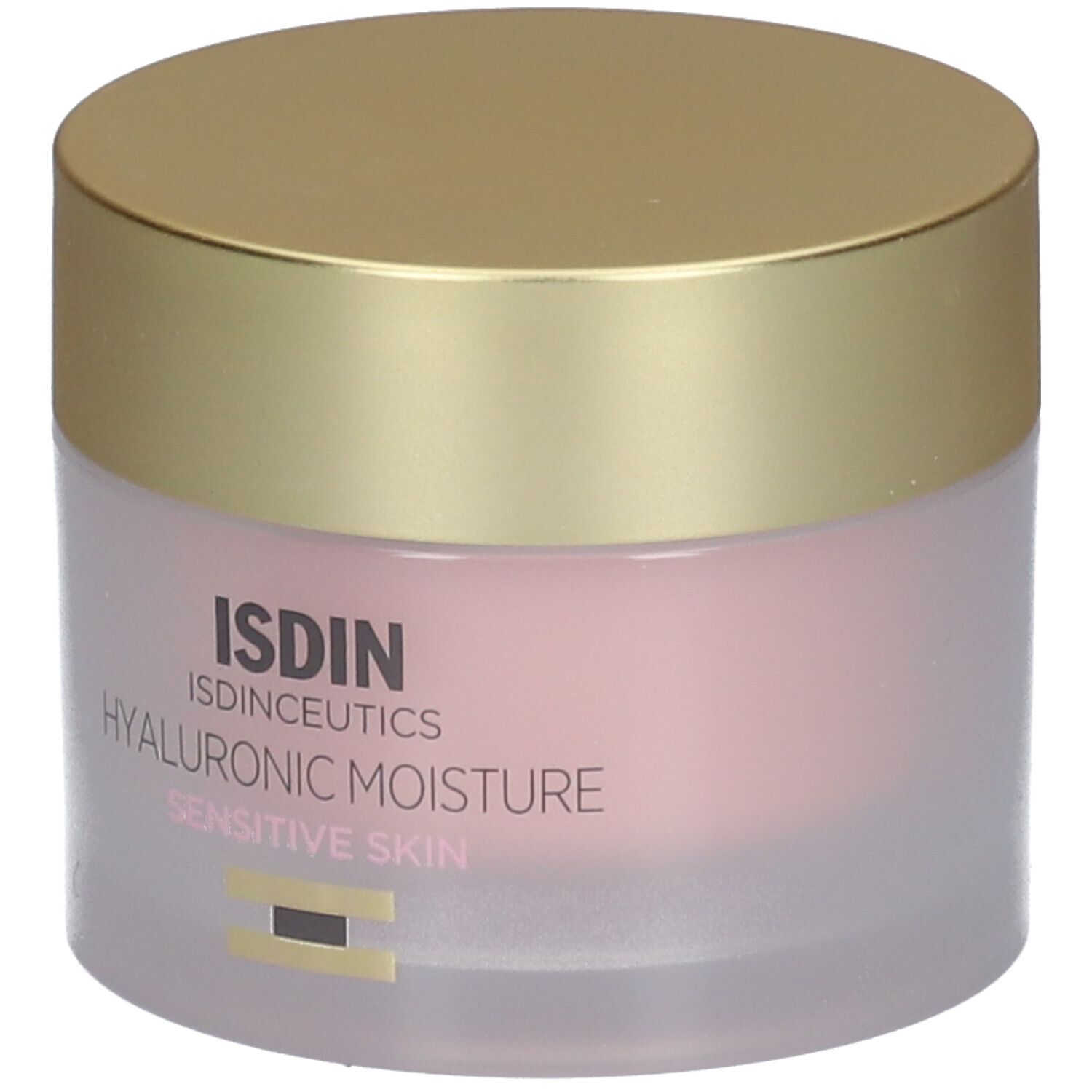 Crèmepot met gouden deksel. Opschrift: ISDIN, Hyaluronic Moisture, Sensitive Skin.