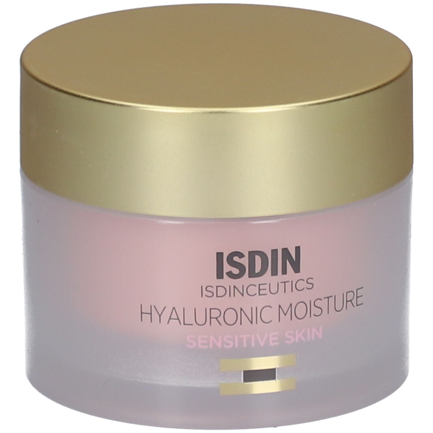 Crèmepot met gouden deksel. Opschrift: ISDIN, Hyaluronic Moisture, Sensitive Skin.