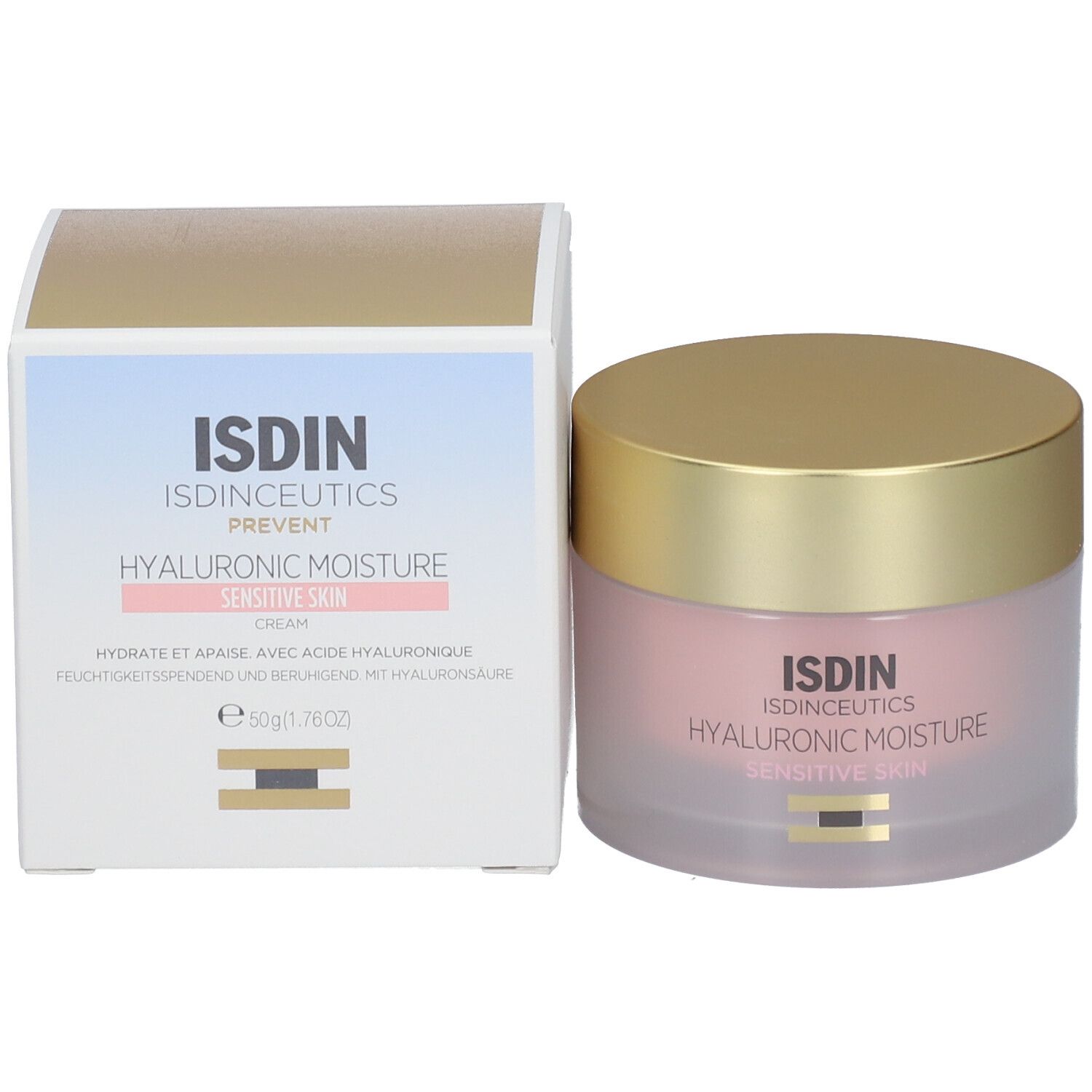 Crèmepot en doos. Opschrift: ISDIN, Hyaluronic Moisture, Sensitive Skin.