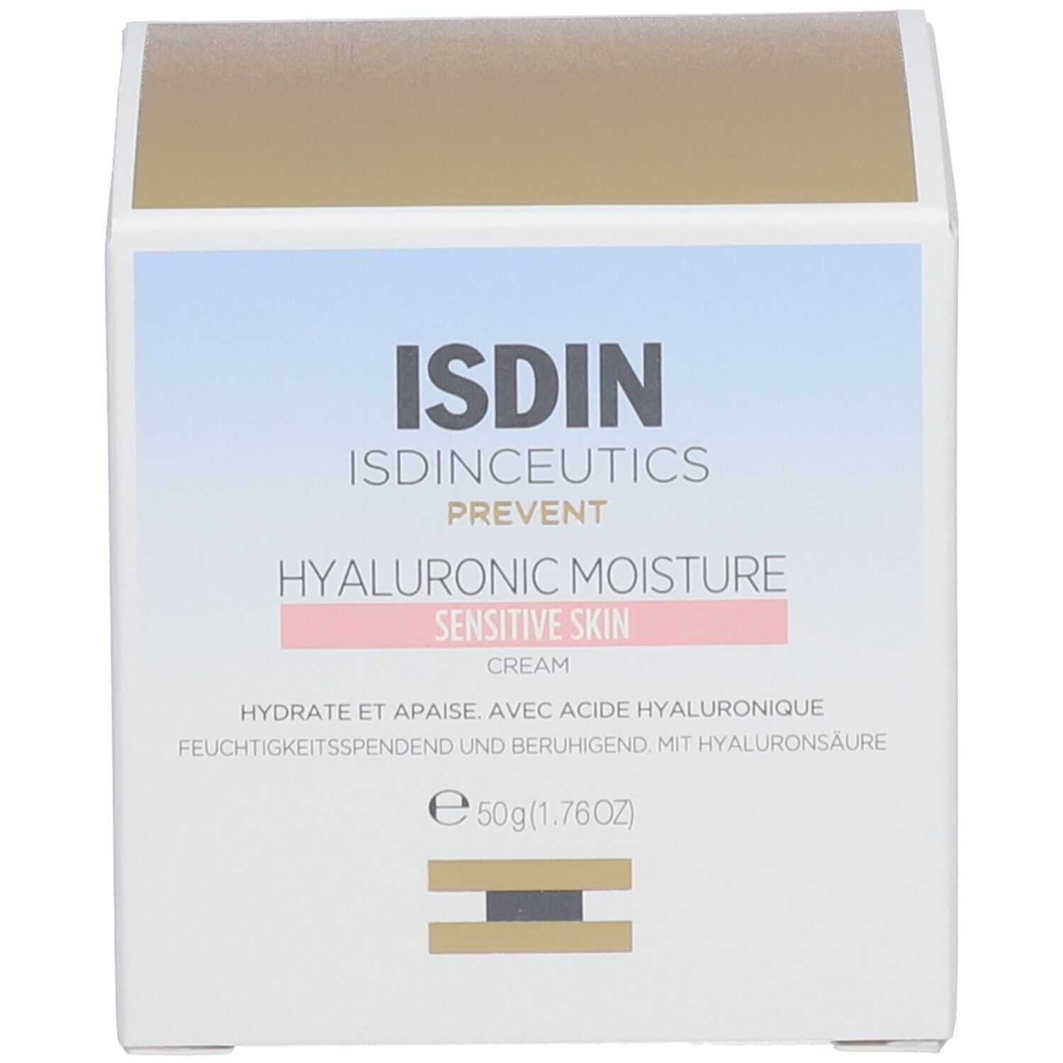 Doos met opschrift: ISDIN, Hyaluronic Moisture, Sensitive Skin.