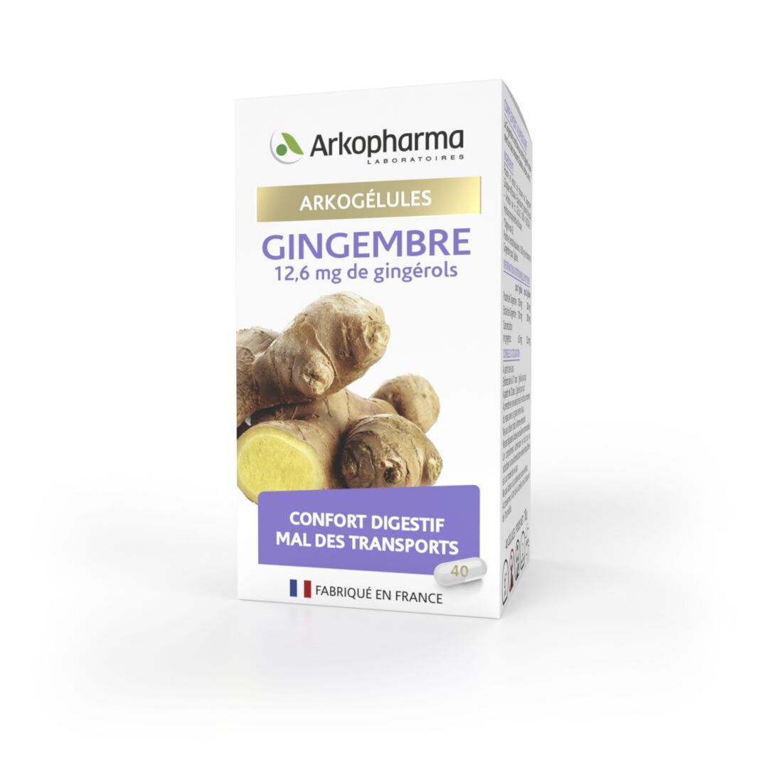 Boîte avec image de gingembre et texte. 40 gélules. Fabriqué en France.