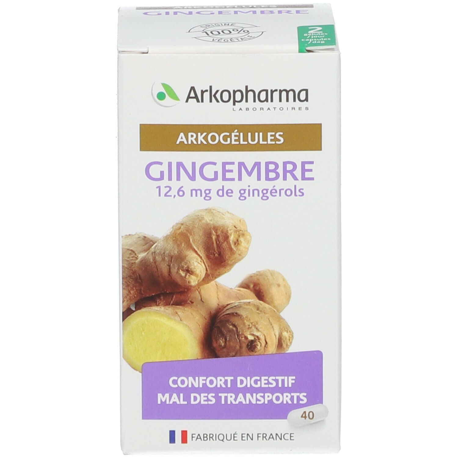 Boîte avec image de gingembre et texte. 40 gélules. Fabriqué en France.